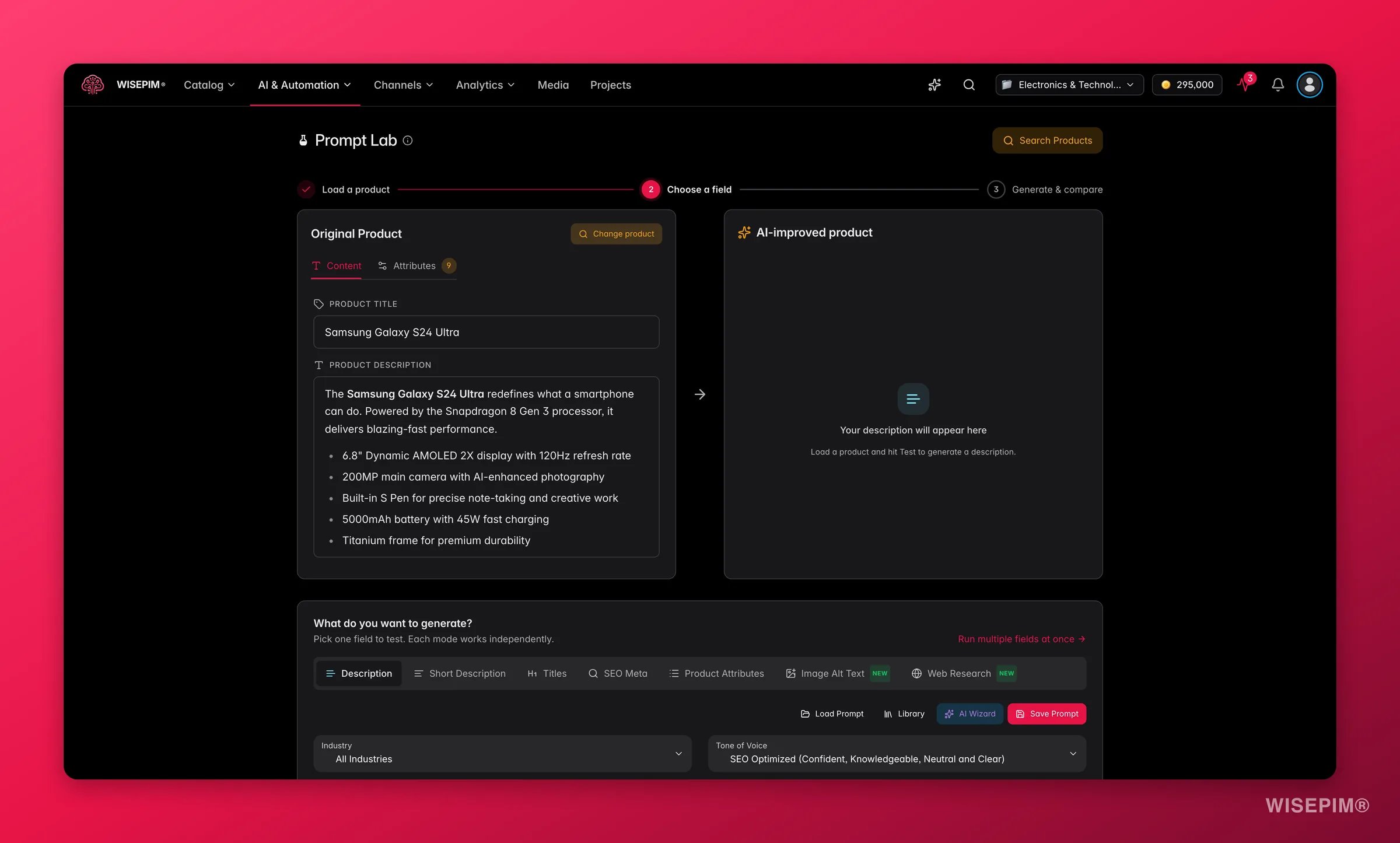 WISEPIM Prompt Lab testing a prompt on a real product with original and AI output side by side