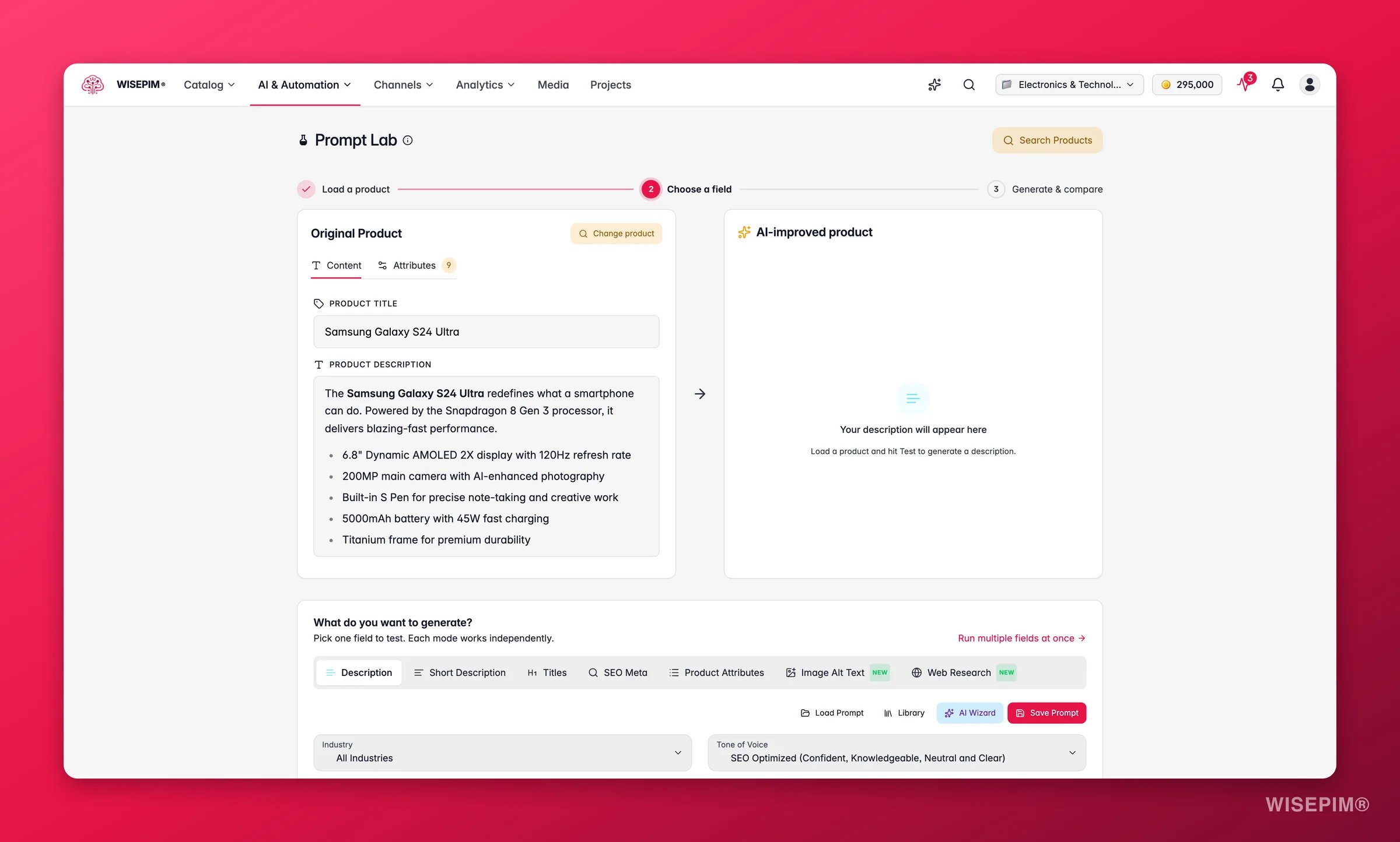 WISEPIM Prompt Lab testing a prompt on a real product with original and AI output side by side