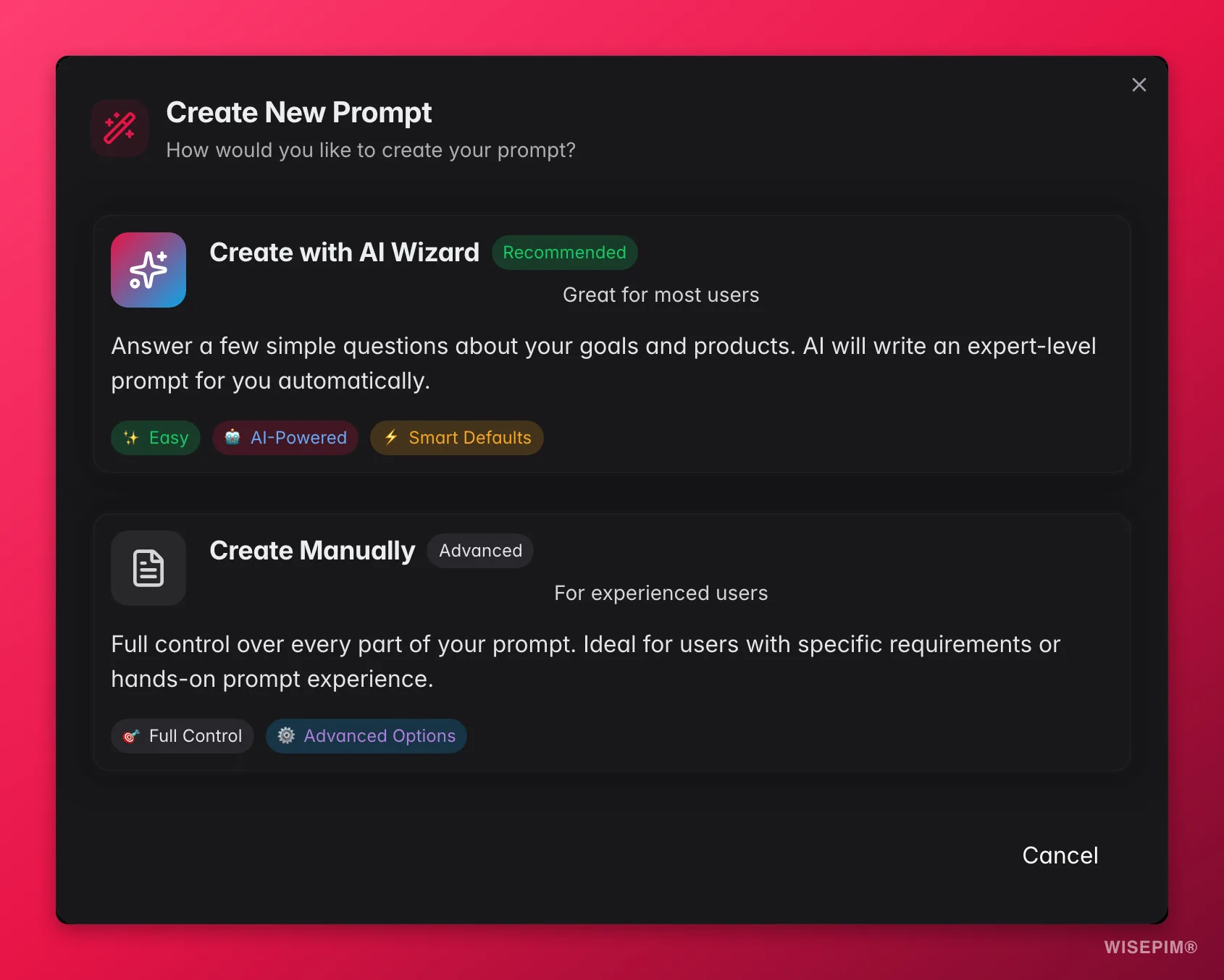 WISEPIM AI prompt wizard generating a tailored enrichment prompt from goals and audience