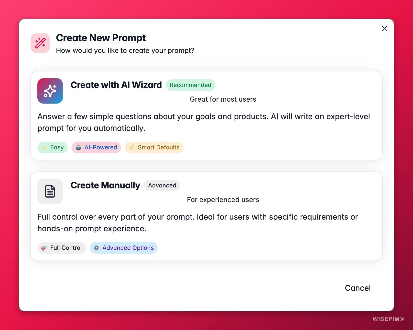 WISEPIM AI prompt wizard generating a tailored enrichment prompt from goals and audience