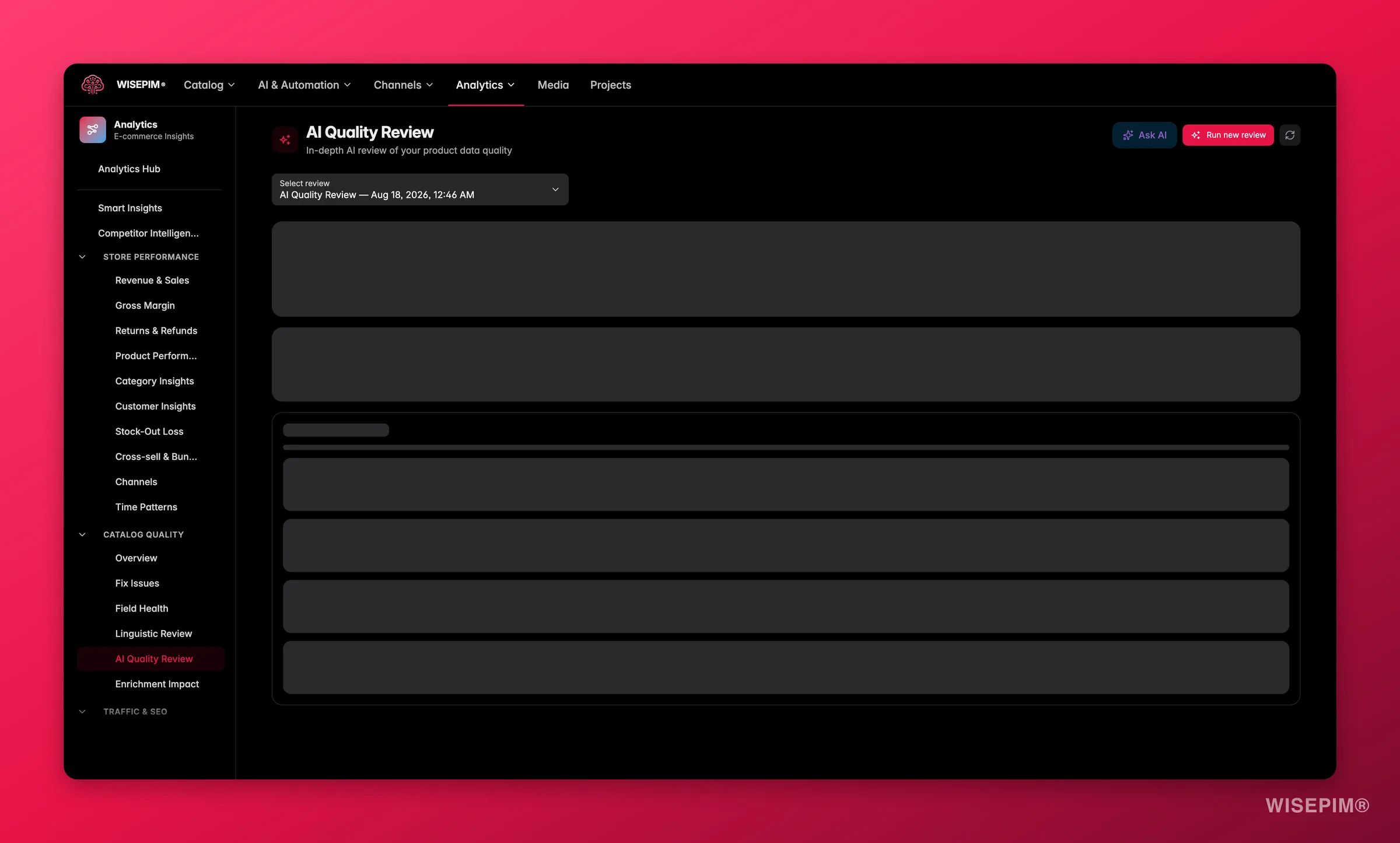 WISEPIM AI Quality Review scoring the catalog across data-quality dimensions with one-click fixes
