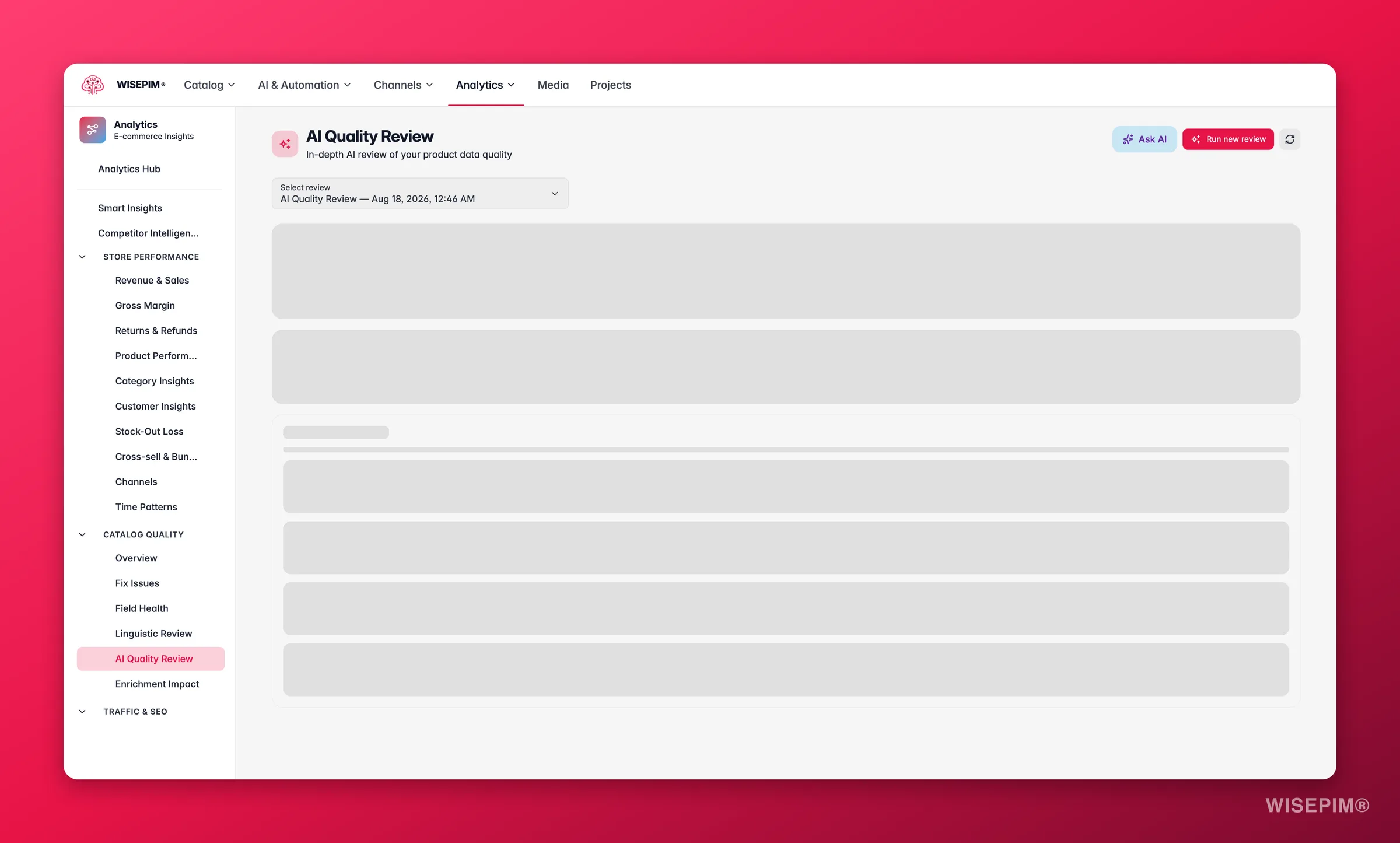WISEPIM AI Quality Review scoring the catalog across data-quality dimensions with one-click fixes
