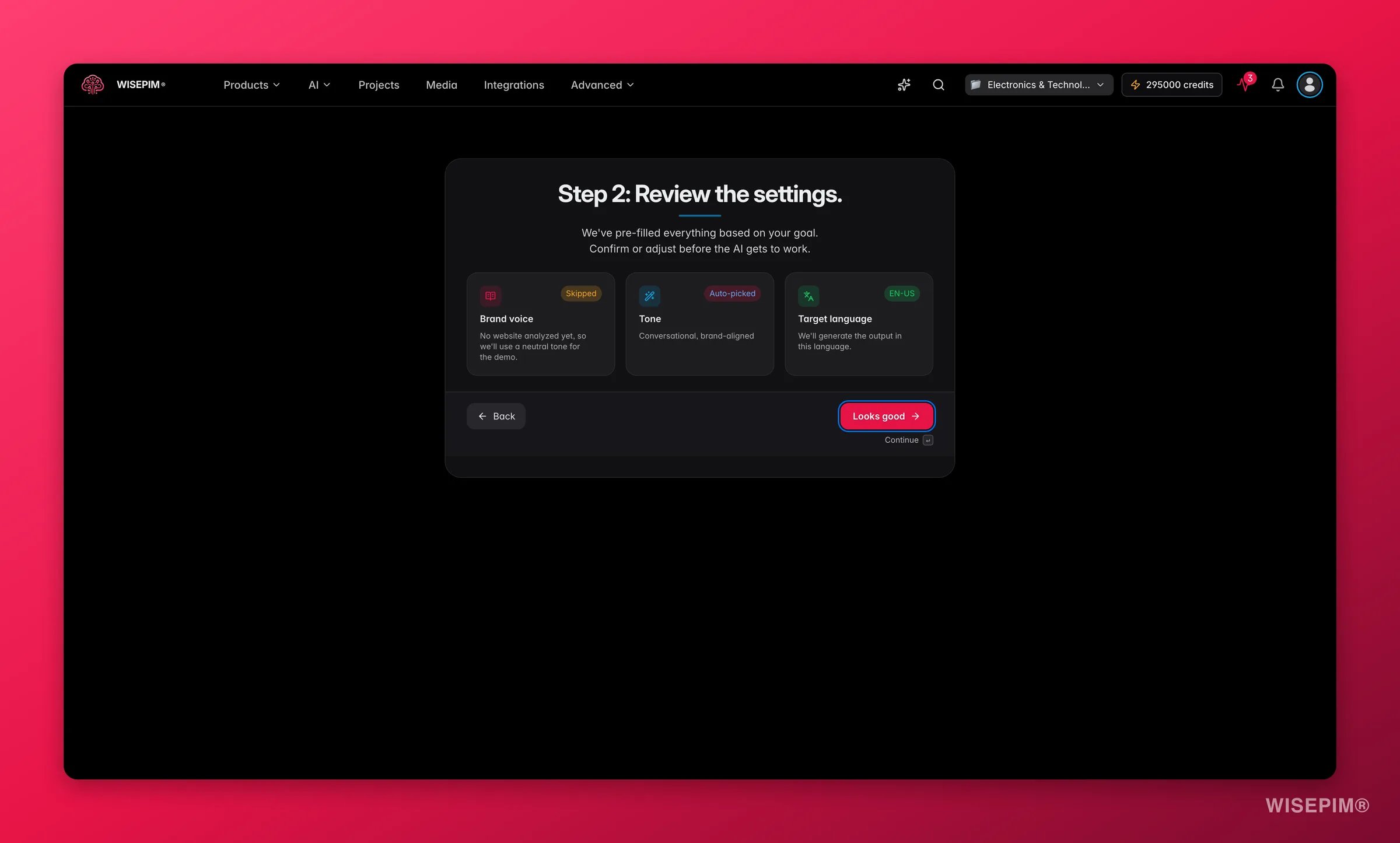 WISEPIM Quick Win, review brand voice, tone preset, and target language before enriching