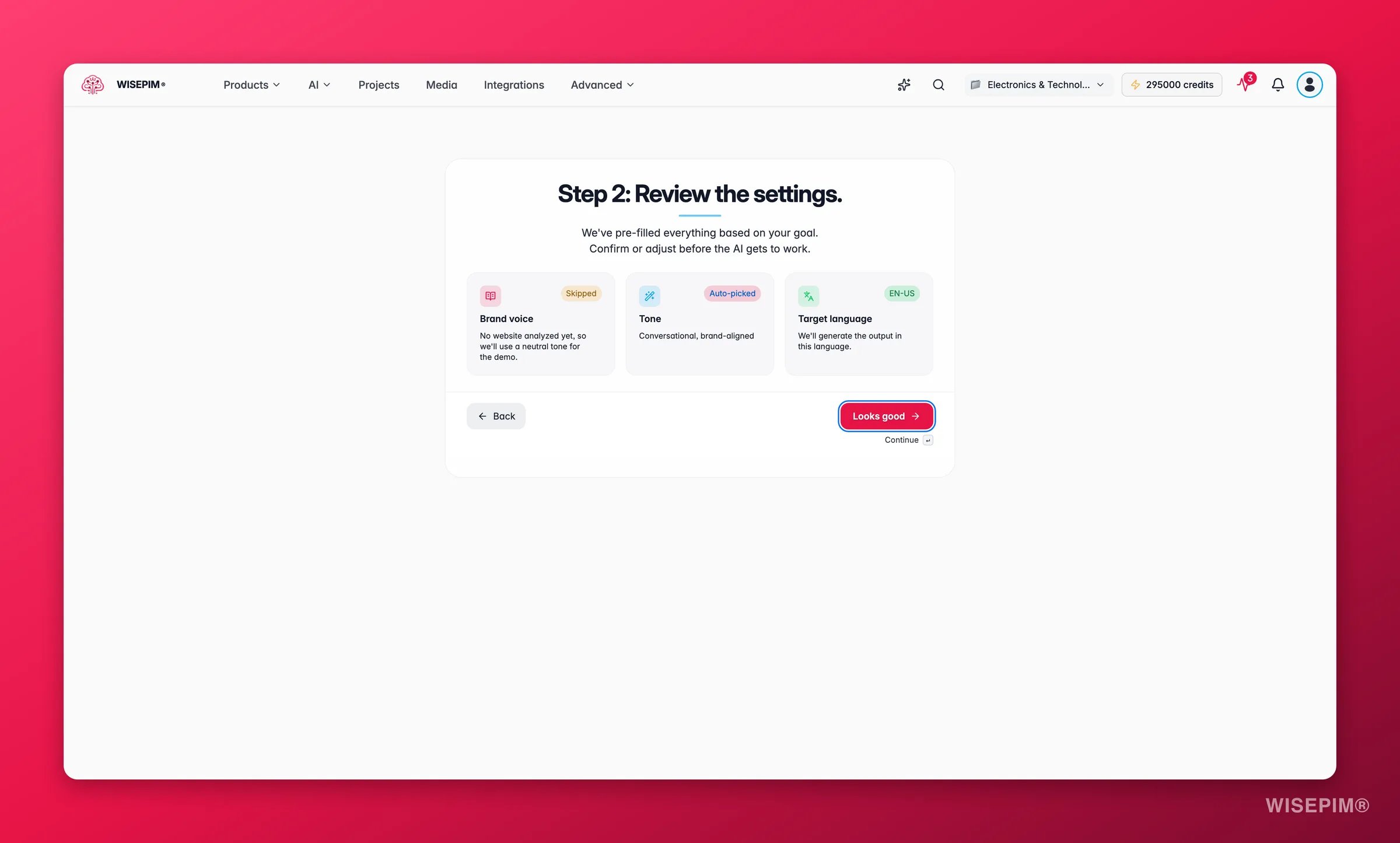 WISEPIM Quick Win, review brand voice, tone preset, and target language before enriching