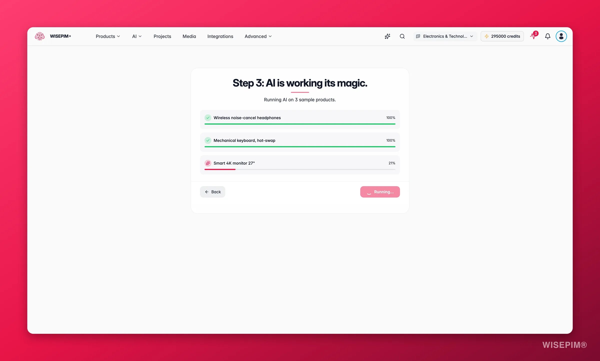 WISEPIM Quick Win, AI enriching sample products live with progress per item