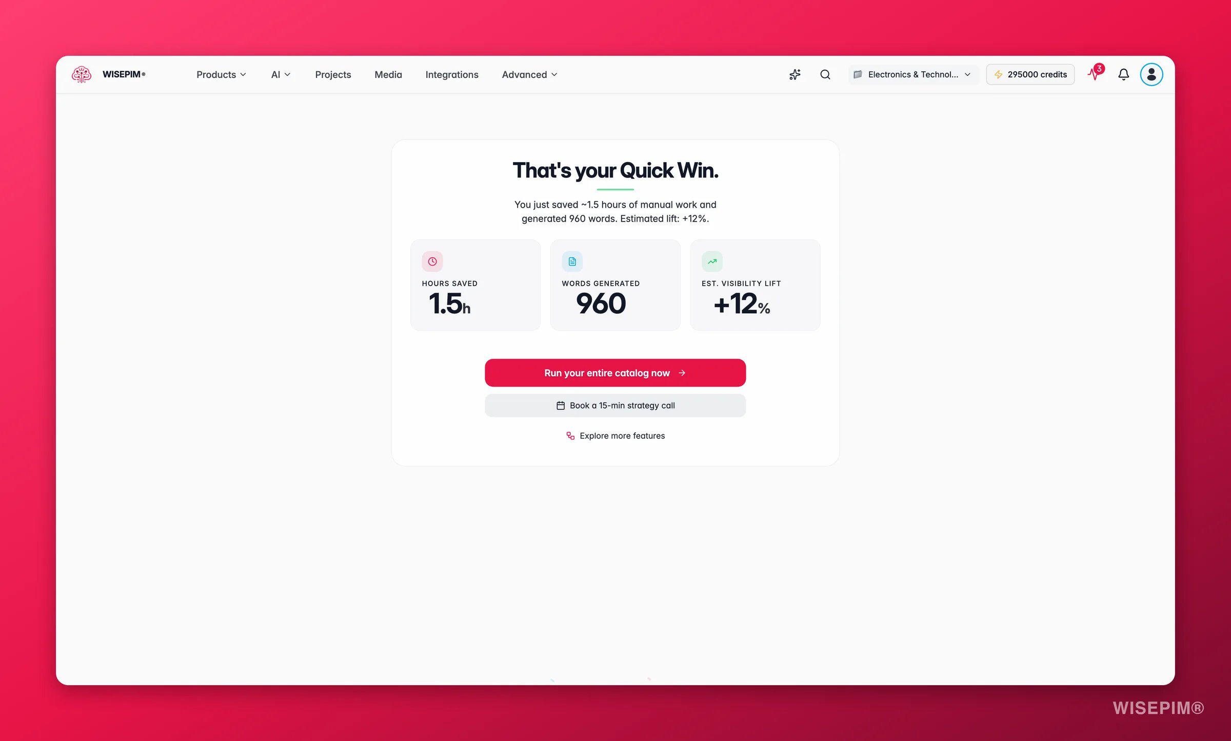WISEPIM Quick Win, impact summary showing hours saved, words generated, and estimated visibility lift