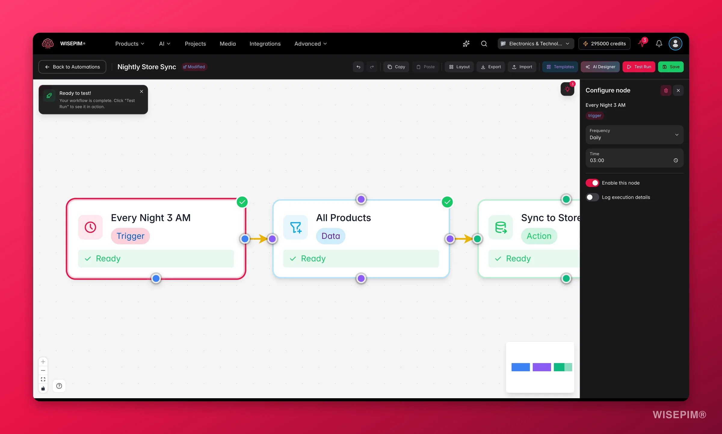 WISEPIM automation, schedule trigger node config (frequency + time) in the builder