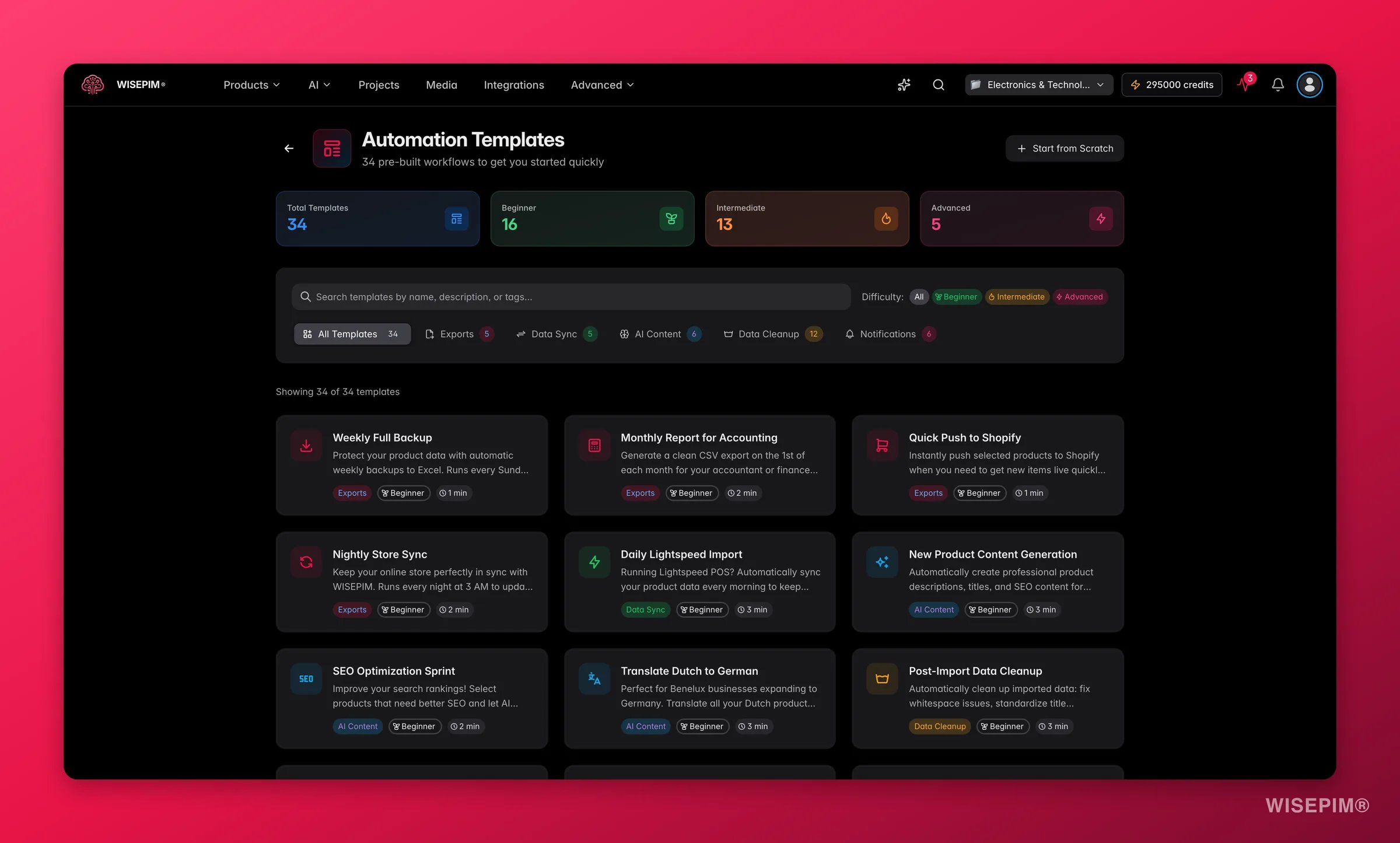 WISEPIM automation template gallery with ready-made workflows