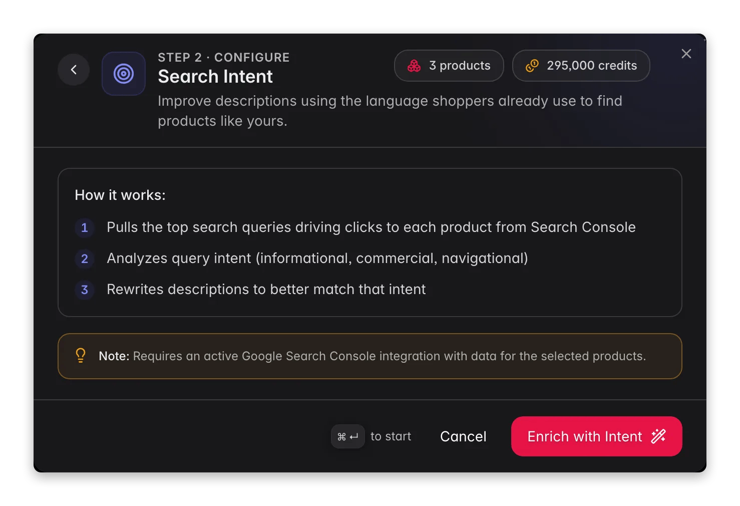 Search Intent enrichment in WISEPIM, rewrites descriptions to match real GSC search queries