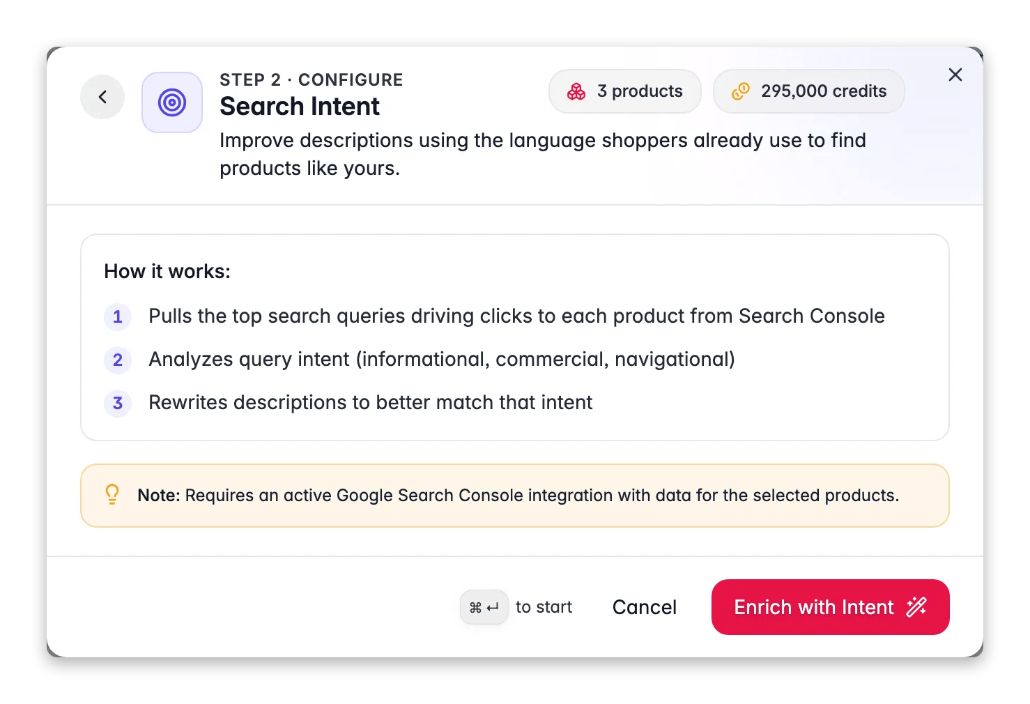 Search Intent enrichment in WISEPIM, rewrites descriptions to match real GSC search queries