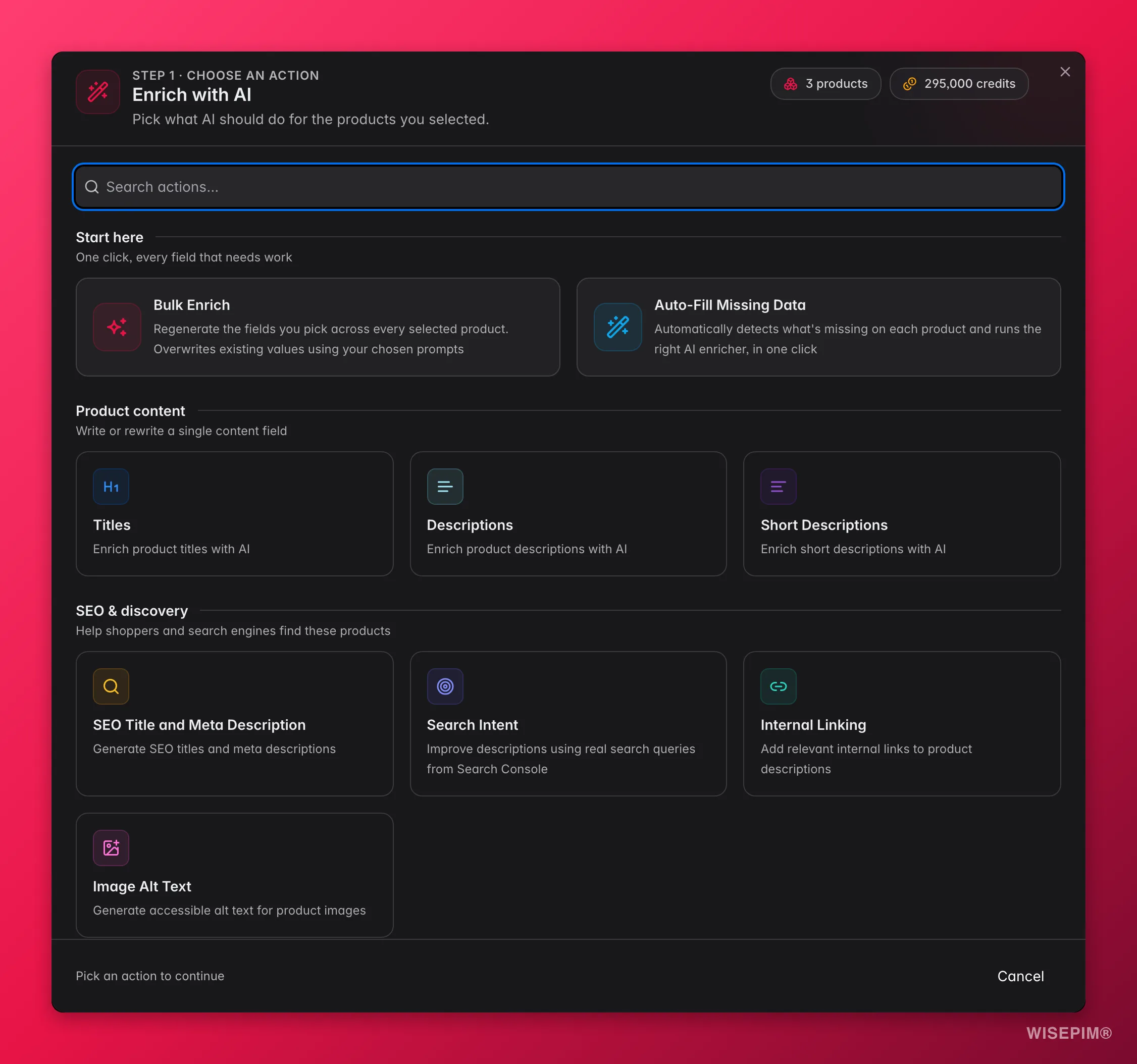 WISEPIM Enrich with AI modal showing all enrichment types