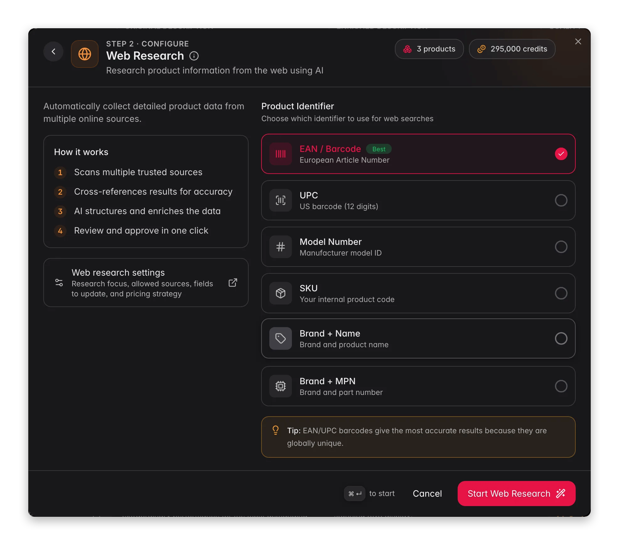 Enriching products with AI, web research in WISEPIM