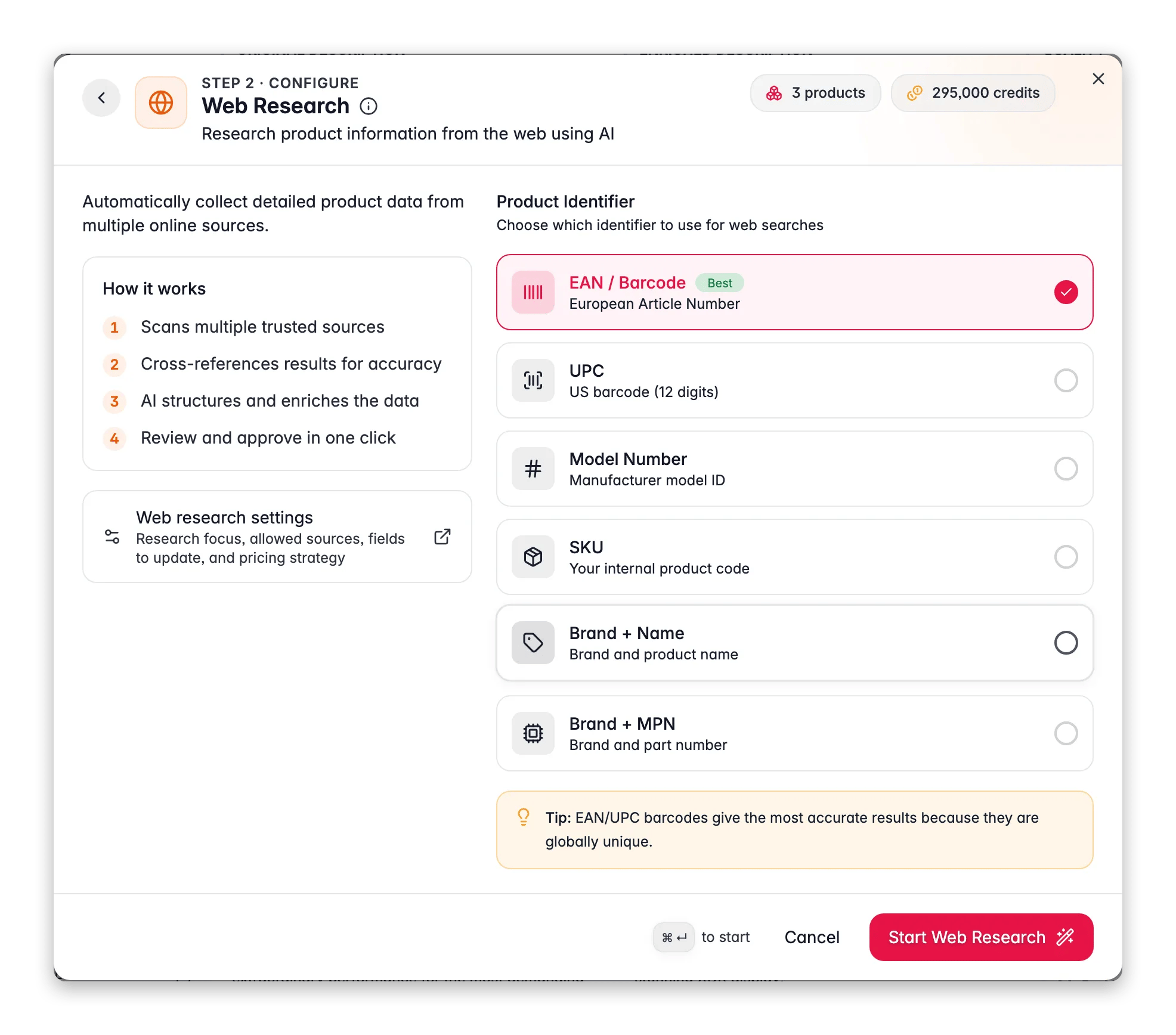 Enriching products with AI, web research in WISEPIM
