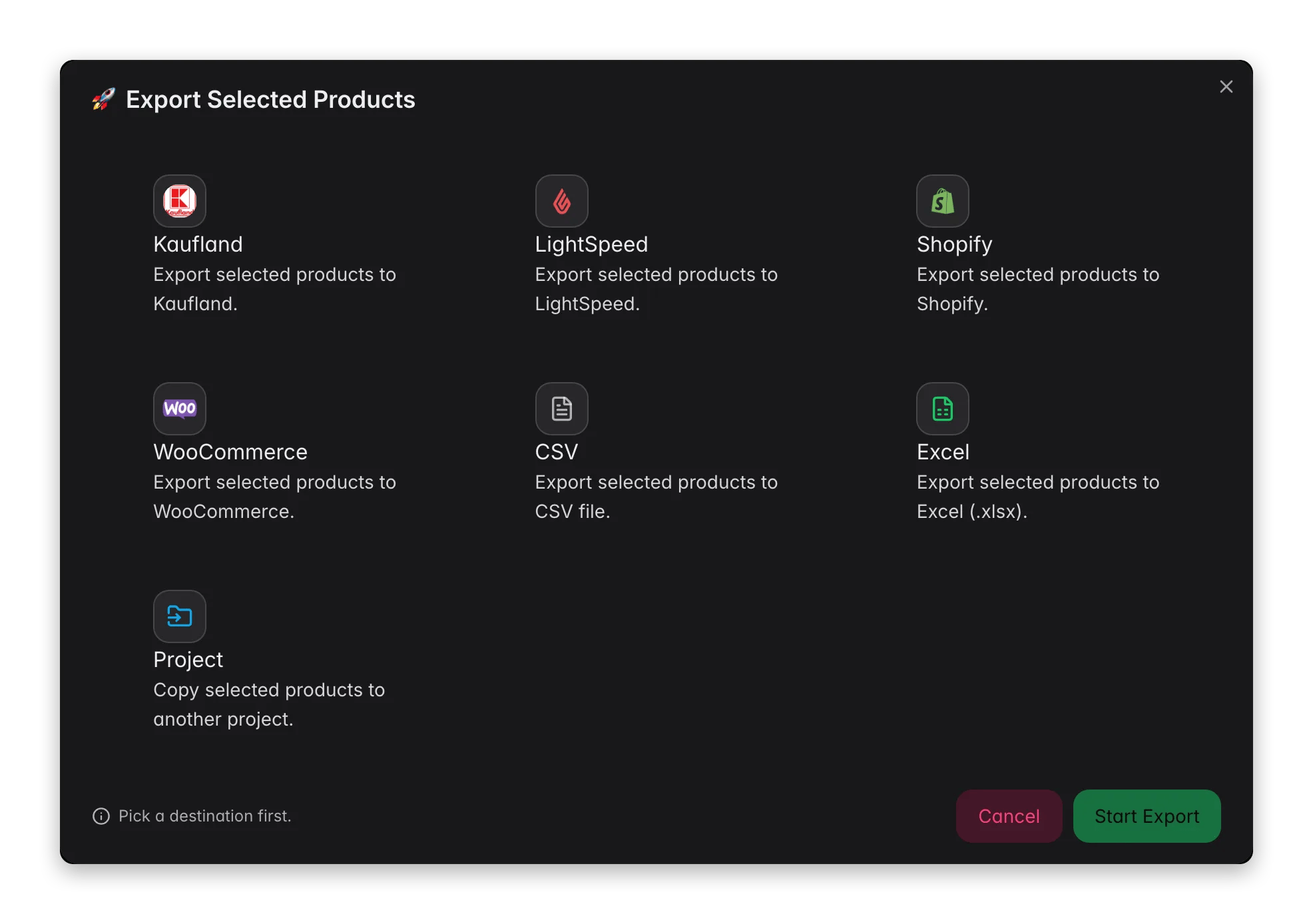 Exporting selected products from WISEPIM to a store, marketplace, data platform or file