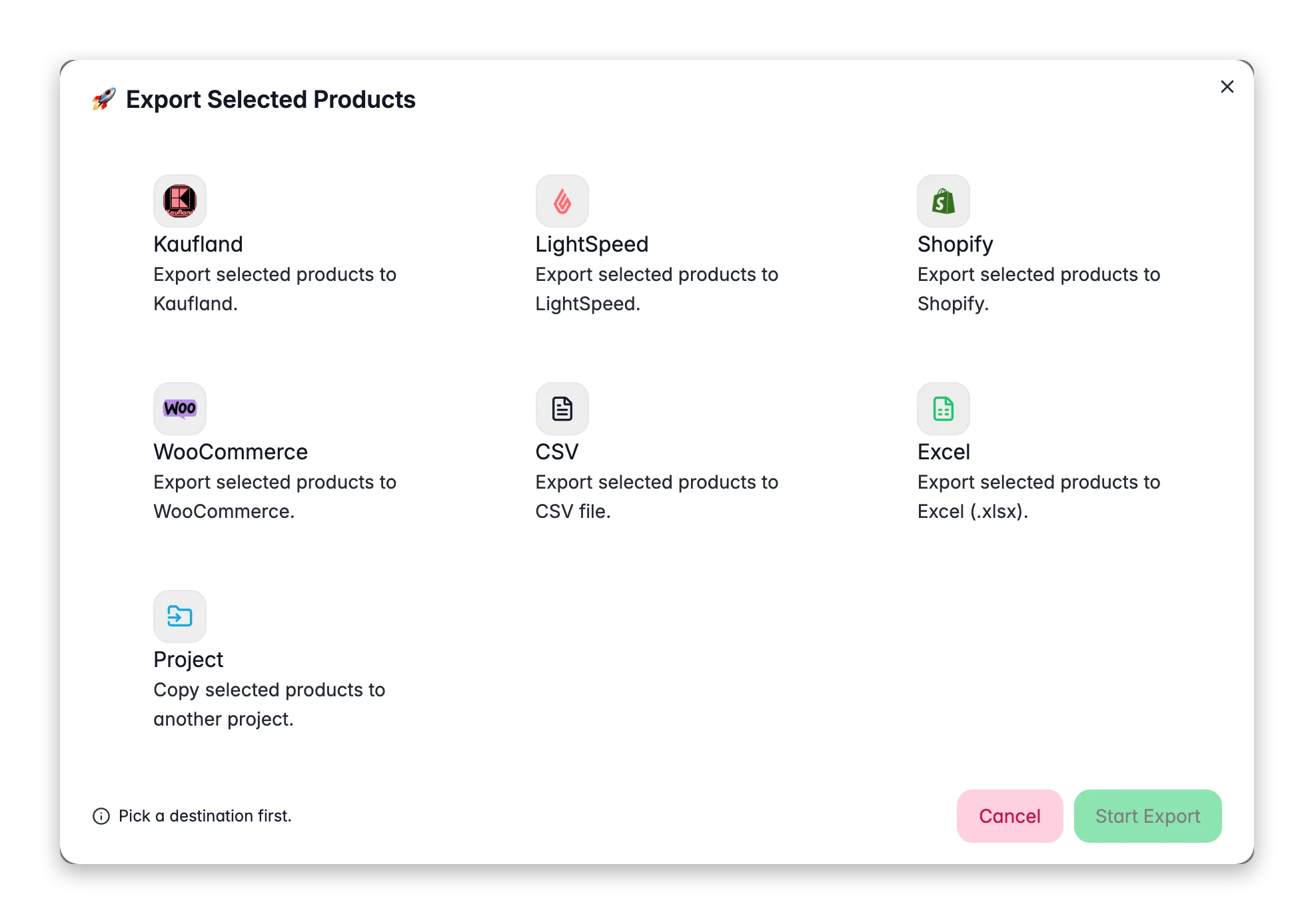 Exporting selected products from WISEPIM to a store, marketplace, data platform or file