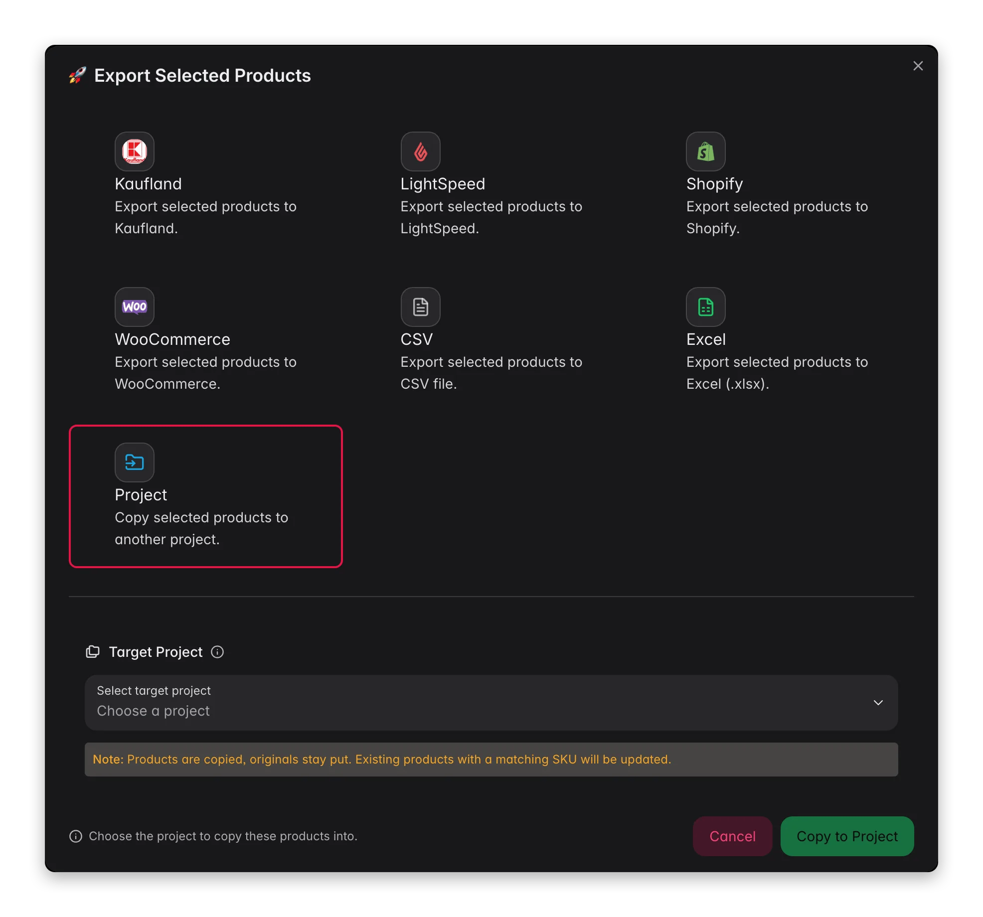 WISEPIM export modal copying selected products into another project with SKU-merge note