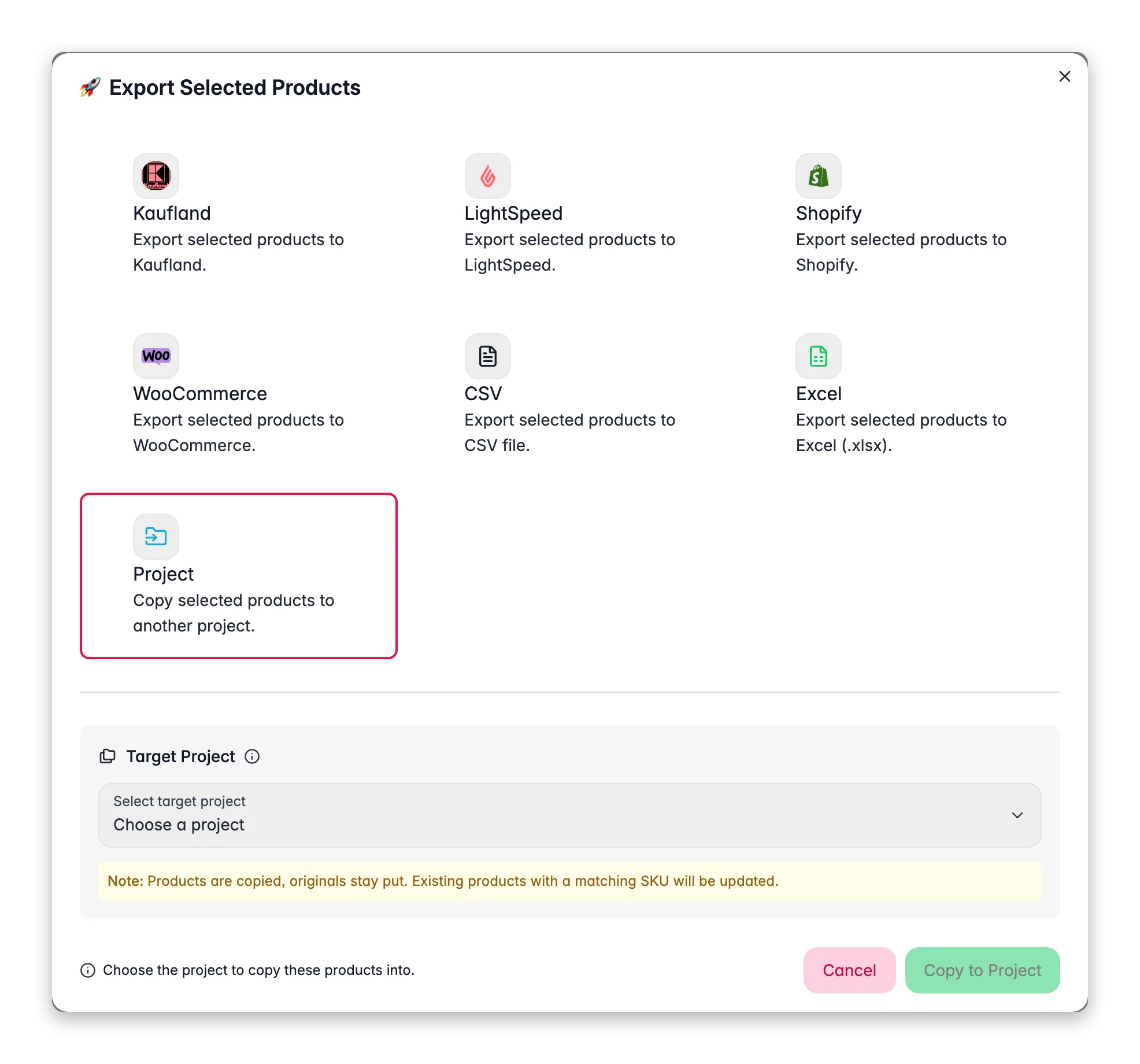WISEPIM export modal copying selected products into another project with SKU-merge note