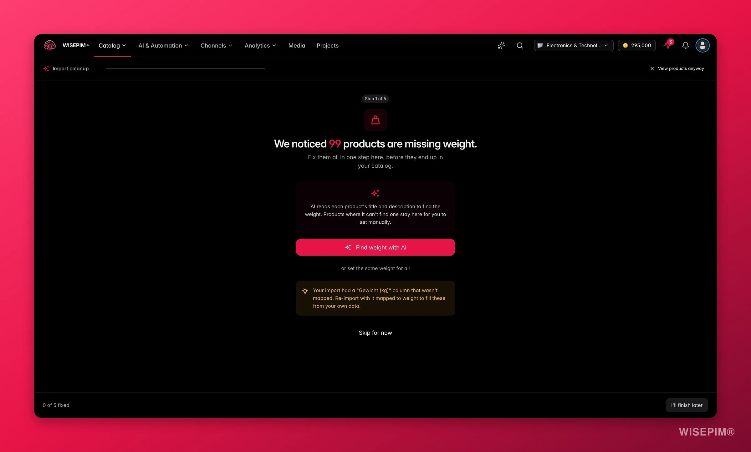 WISEPIM post-import cleanup wizard triaging missing weight, images and prices by impact