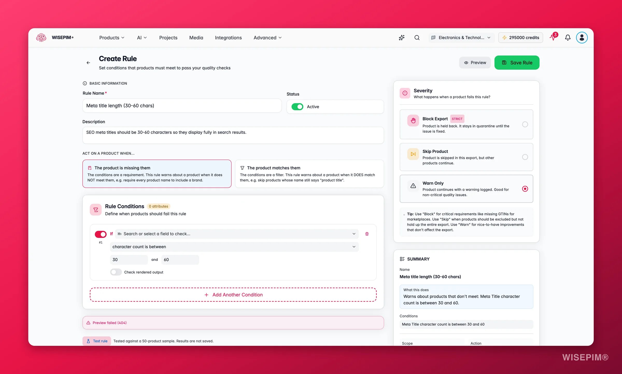 WISEPIM Quality Guard rule builder configuring a meta-title length check with warn severity
