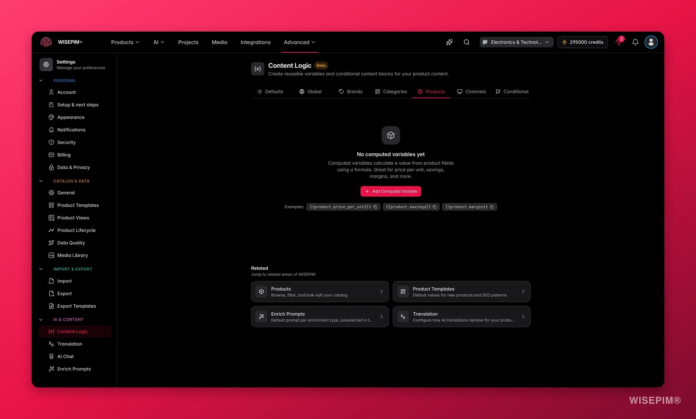 WISEPIM content logic, the Products tab where dynamic products rules are defined
