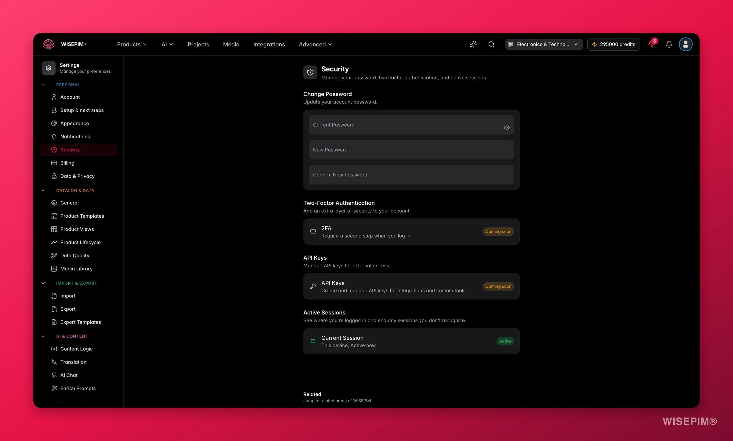 WISEPIM security settings, password, two-factor authentication, API keys and active sessions