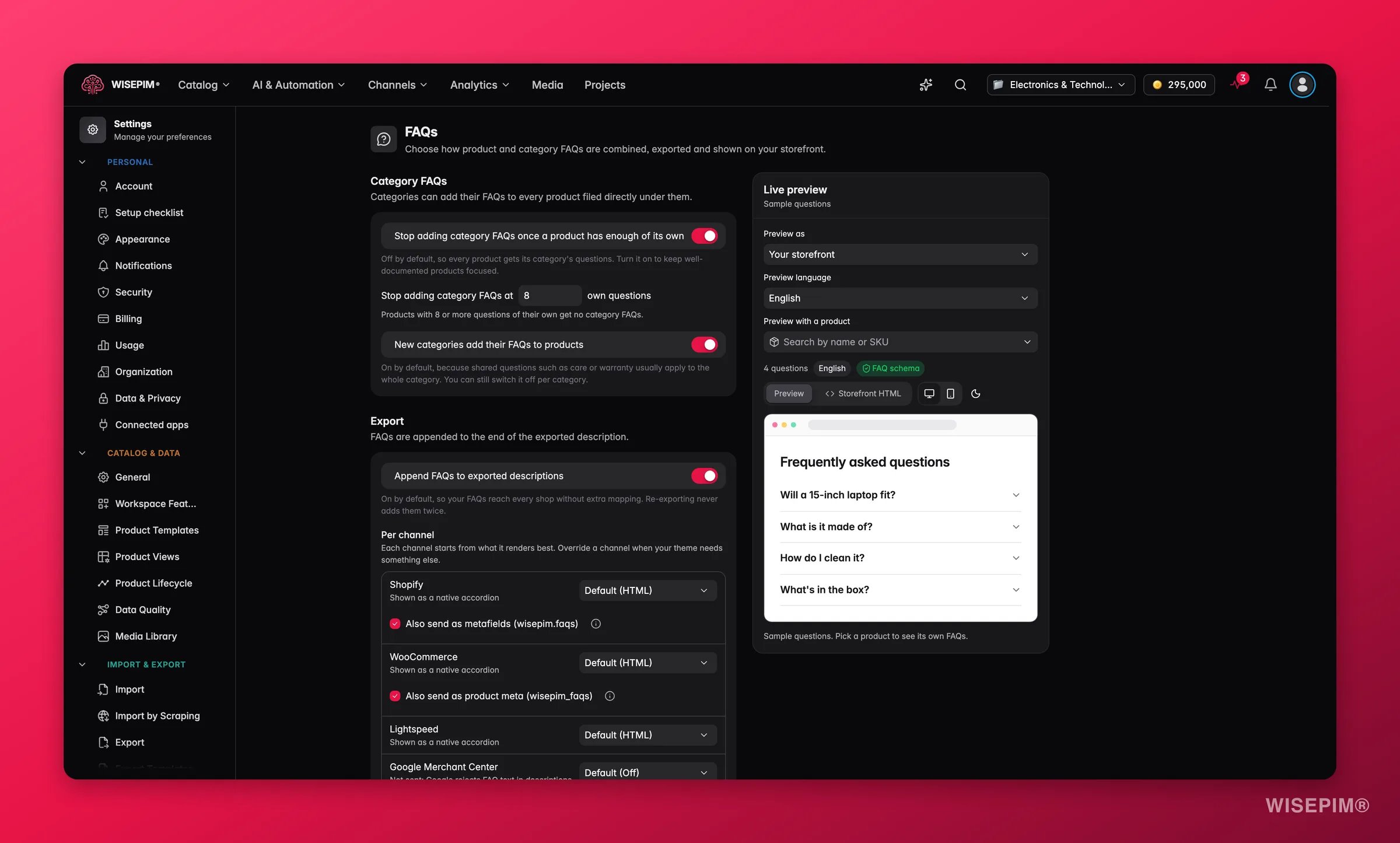 WISEPIM-FAQ-Einstellungen mit den Bereichen Kategorie-FAQs und Export links und einer Live-Vorschau des FAQ-Blocks im Shop rechts