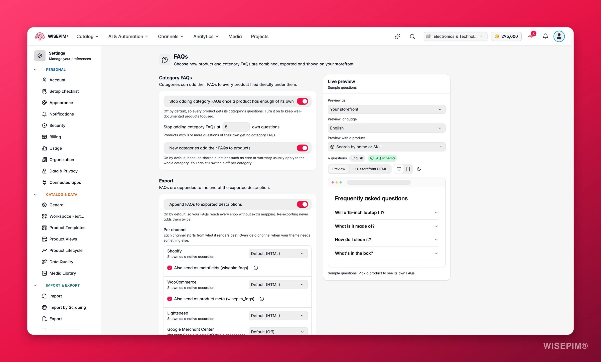WISEPIM-FAQ-Einstellungen mit den Bereichen Kategorie-FAQs und Export links und einer Live-Vorschau des FAQ-Blocks im Shop rechts