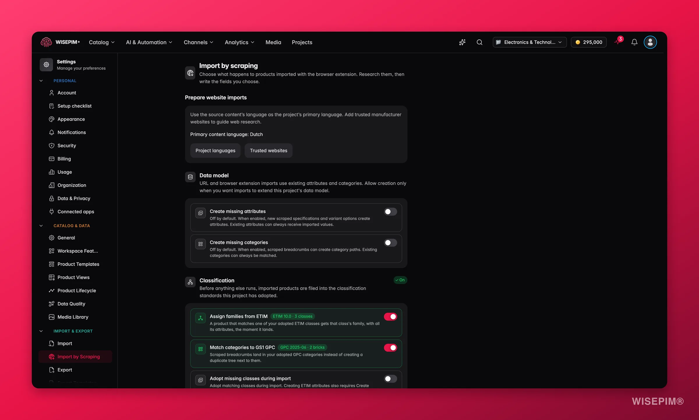 WISEPIM Scraping-Import-Einstellungen, die Web-Recherche und Bulk-Anreicherung an jedes Produkt hängen, das die Browser-Erweiterung hereinbringt