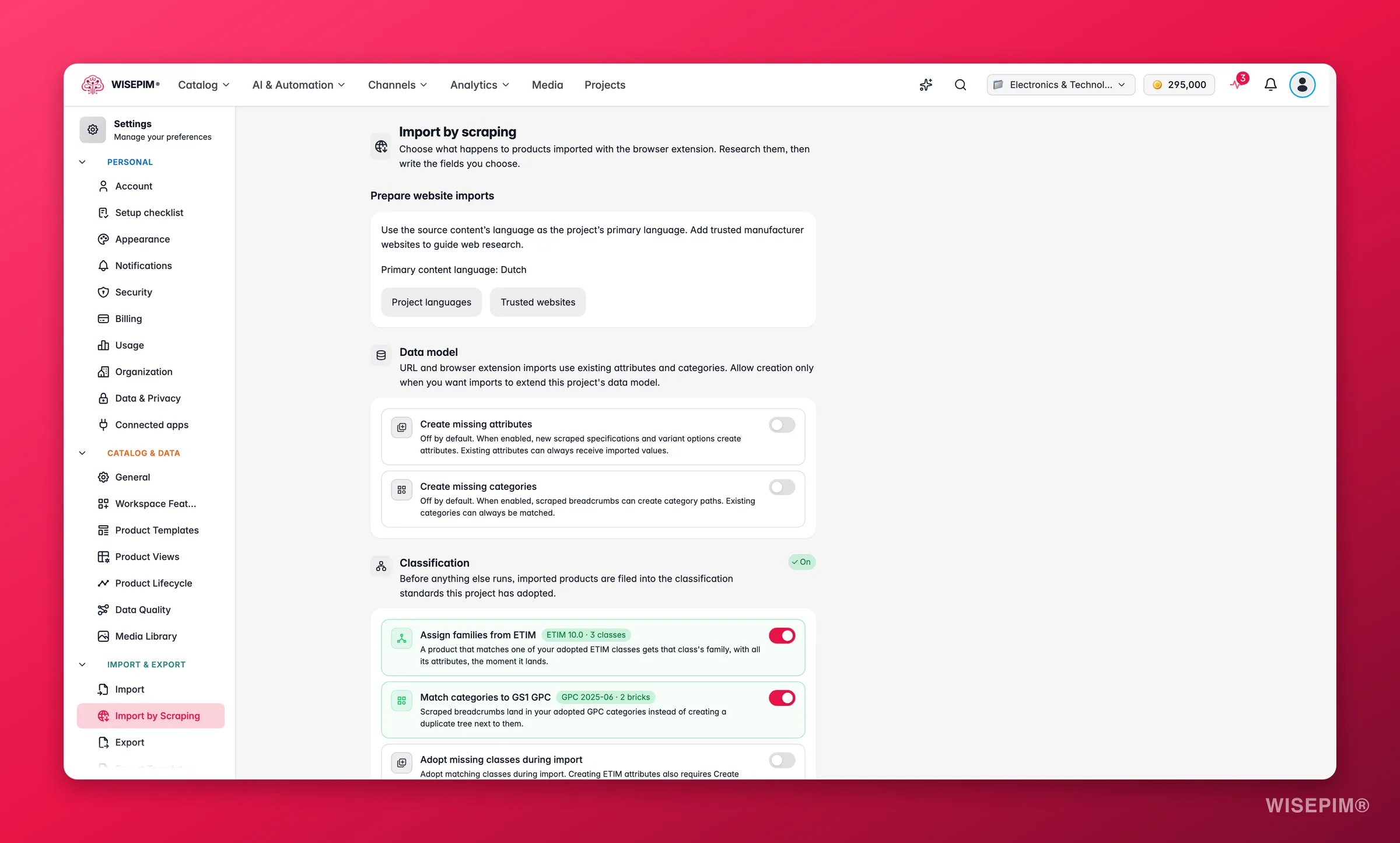 WISEPIM Scraping-Import-Einstellungen, die Web-Recherche und Bulk-Anreicherung an jedes Produkt hängen, das die Browser-Erweiterung hereinbringt