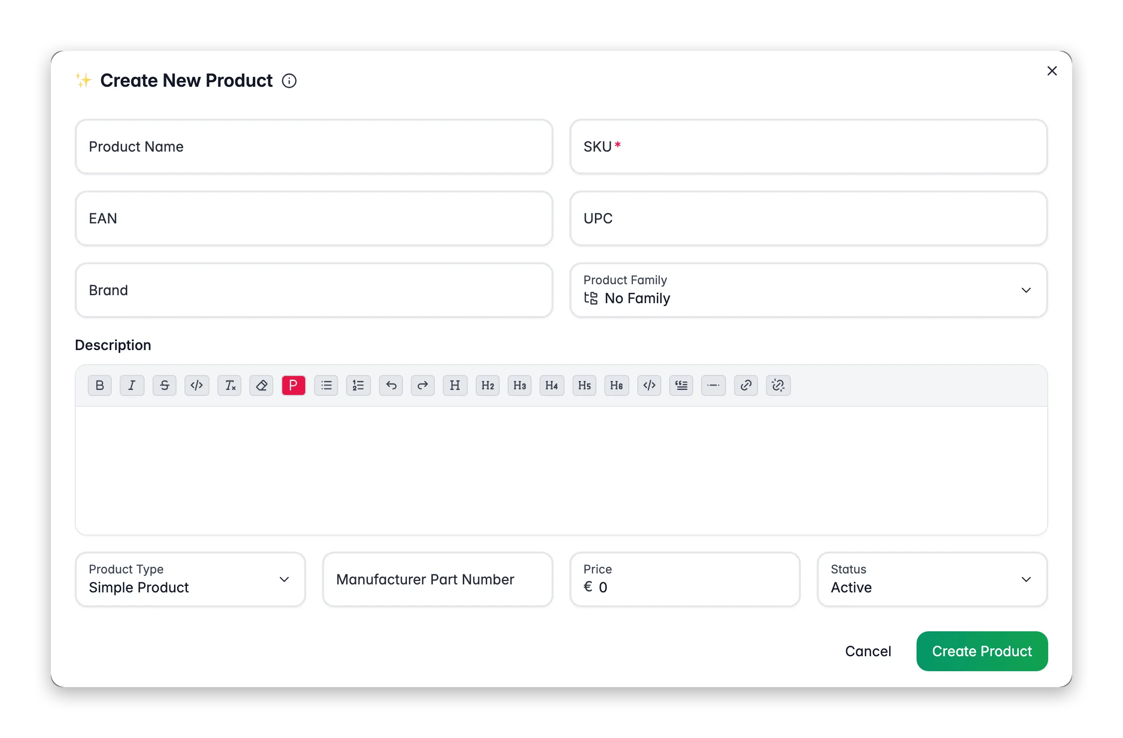 Creating a new product in WISEPIM with AI-assisted fields