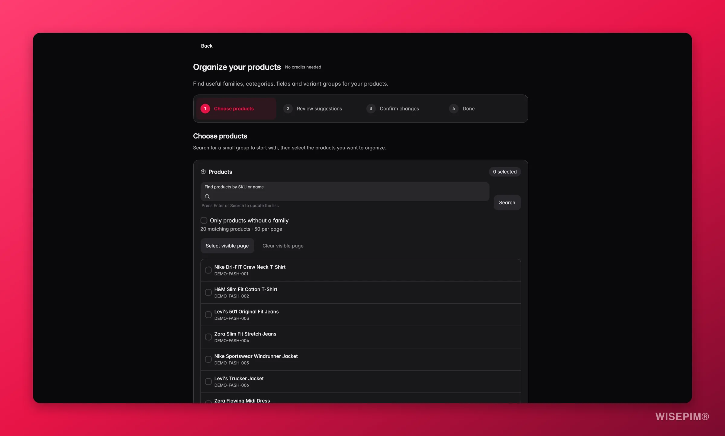 Configuración guiada de WISEPIM abierta desde el onboarding, con un enlace Atrás y el paso Elegir productos