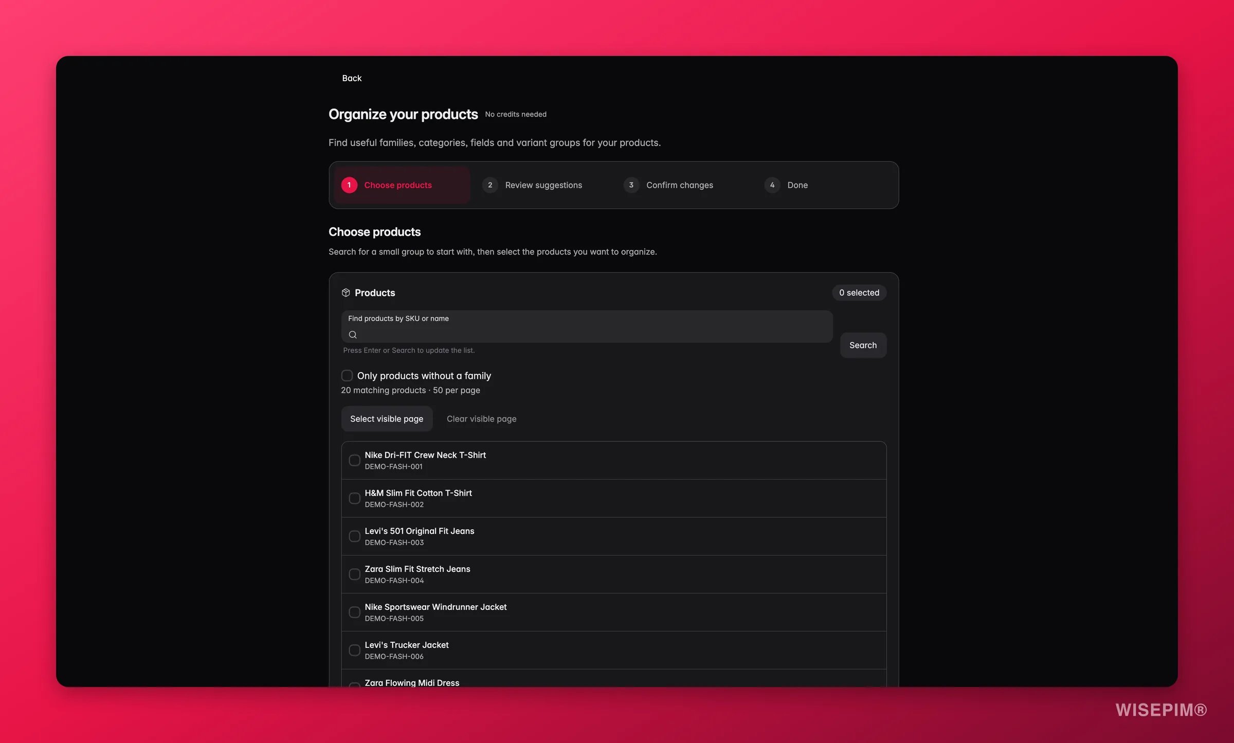 WISEPIM geführte Einrichtung aus dem Onboarding geöffnet, mit einem Link Zurück und dem Schritt Produkte wählen