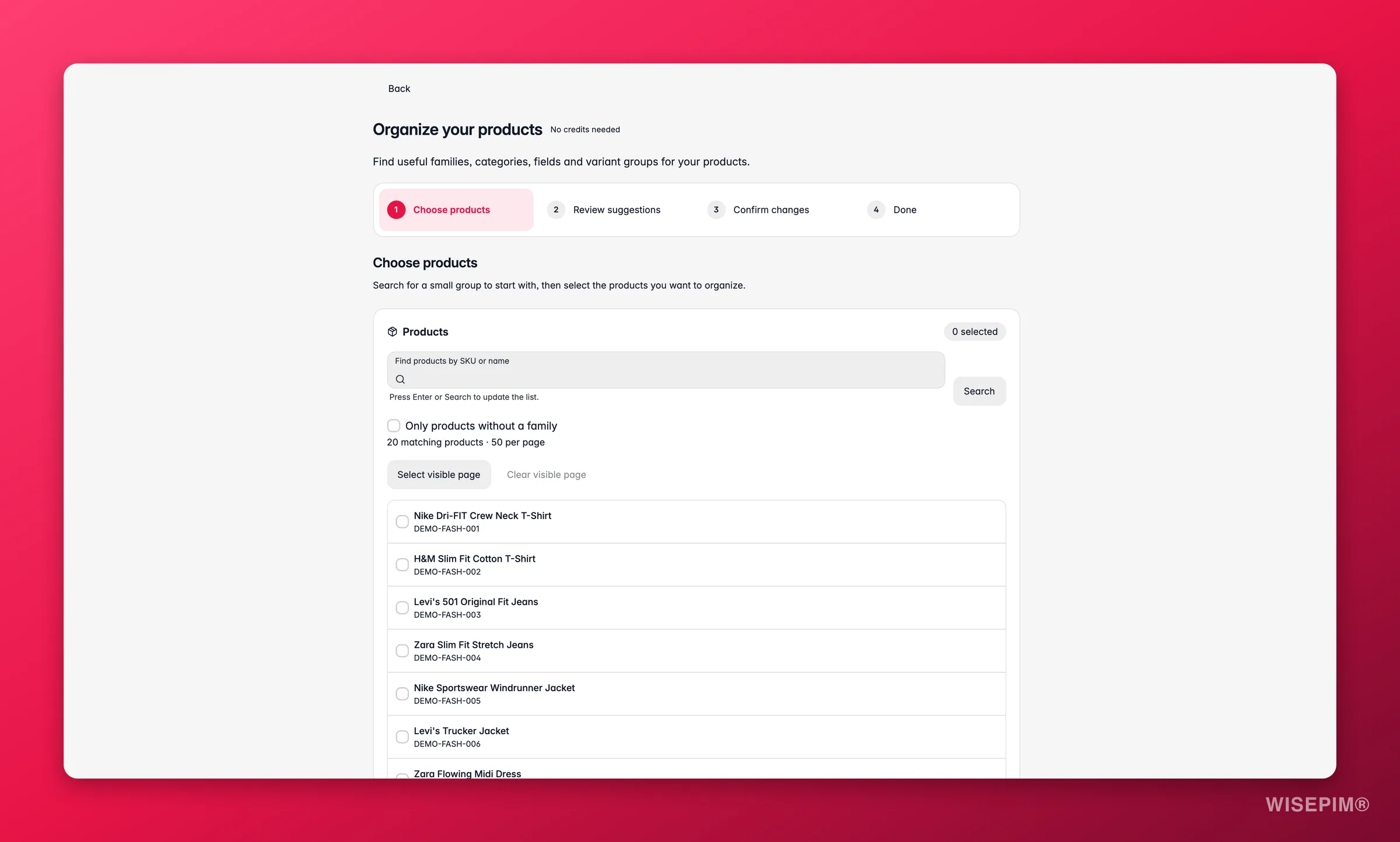 Configuración guiada de WISEPIM abierta desde el onboarding, con un enlace Atrás y el paso Elegir productos