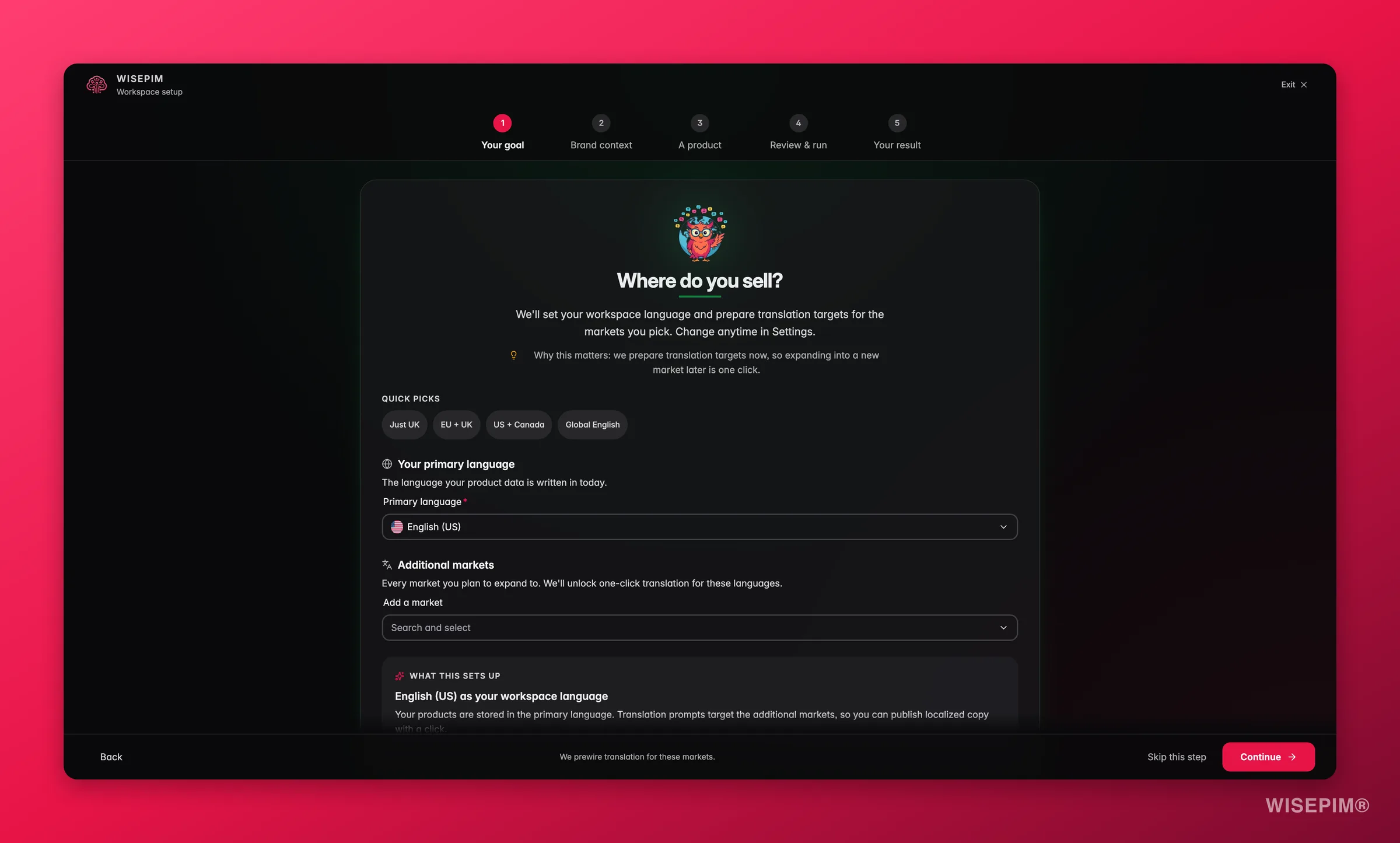 WISEPIM onboarding markets step selecting primary and additional locales