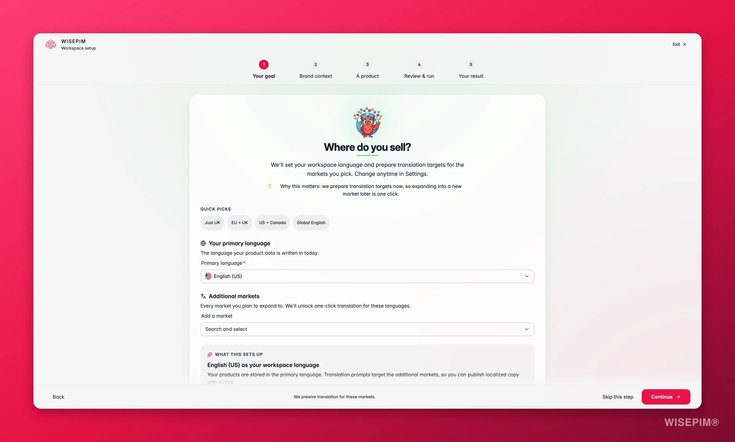 WISEPIM onboarding markets step selecting primary and additional locales