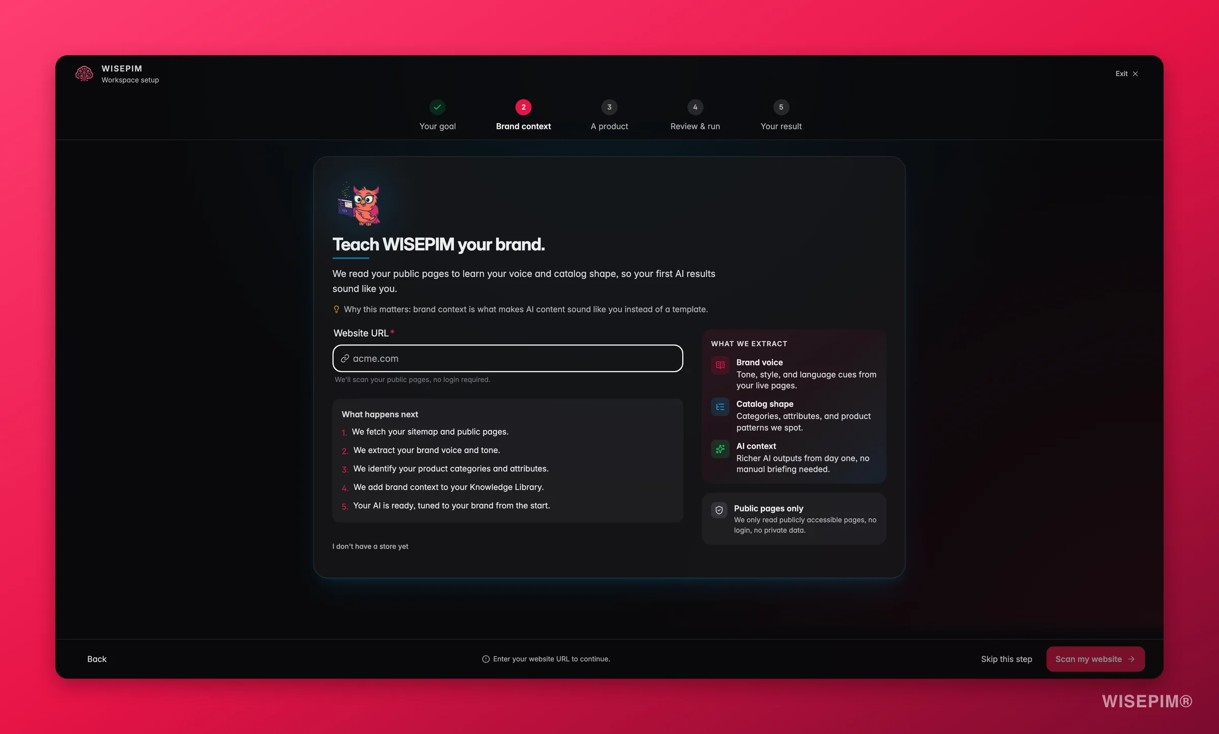 WISEPIM onboarding website step that crawls your store to pre-fill data