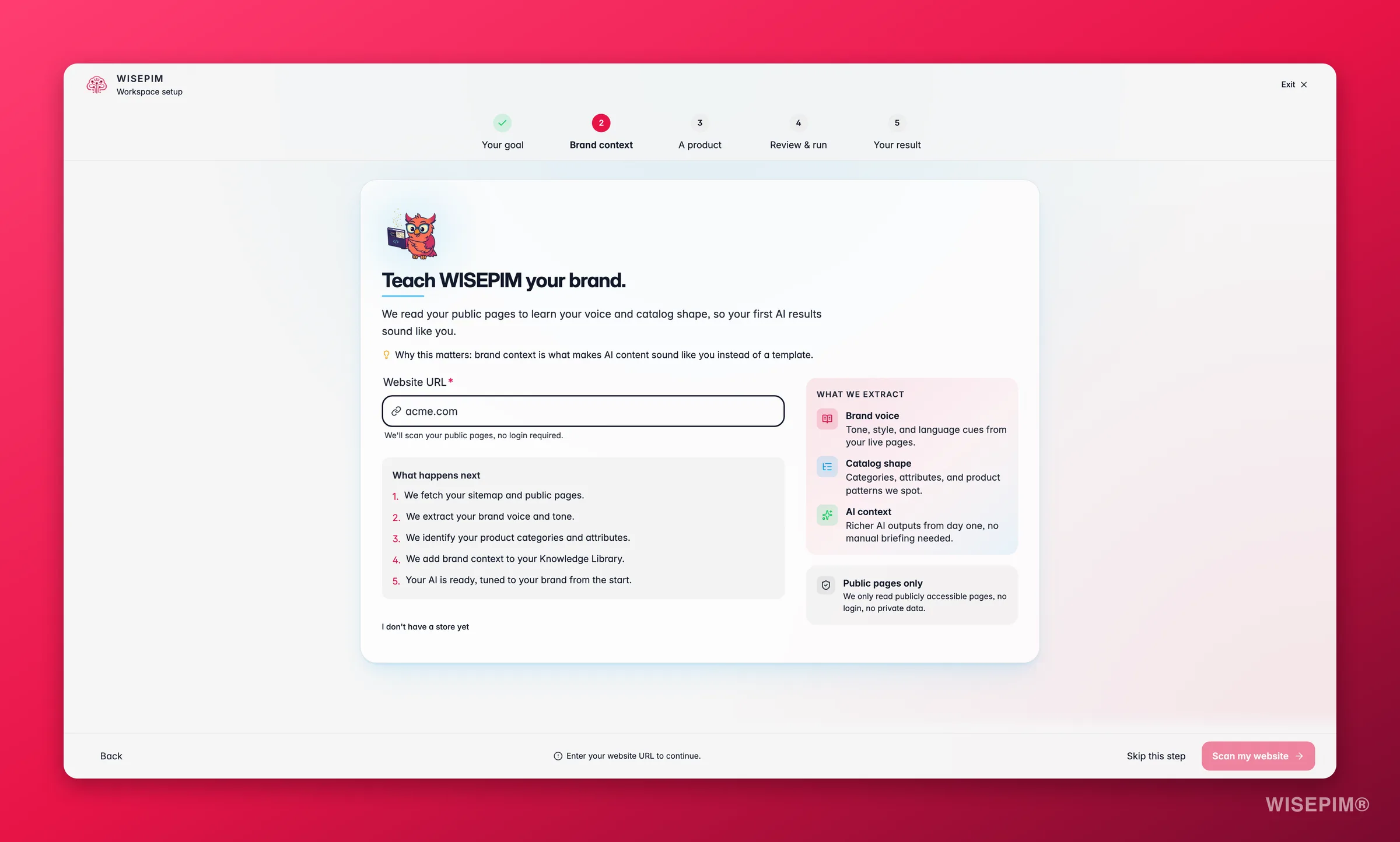 WISEPIM onboarding website step that crawls your store to pre-fill data