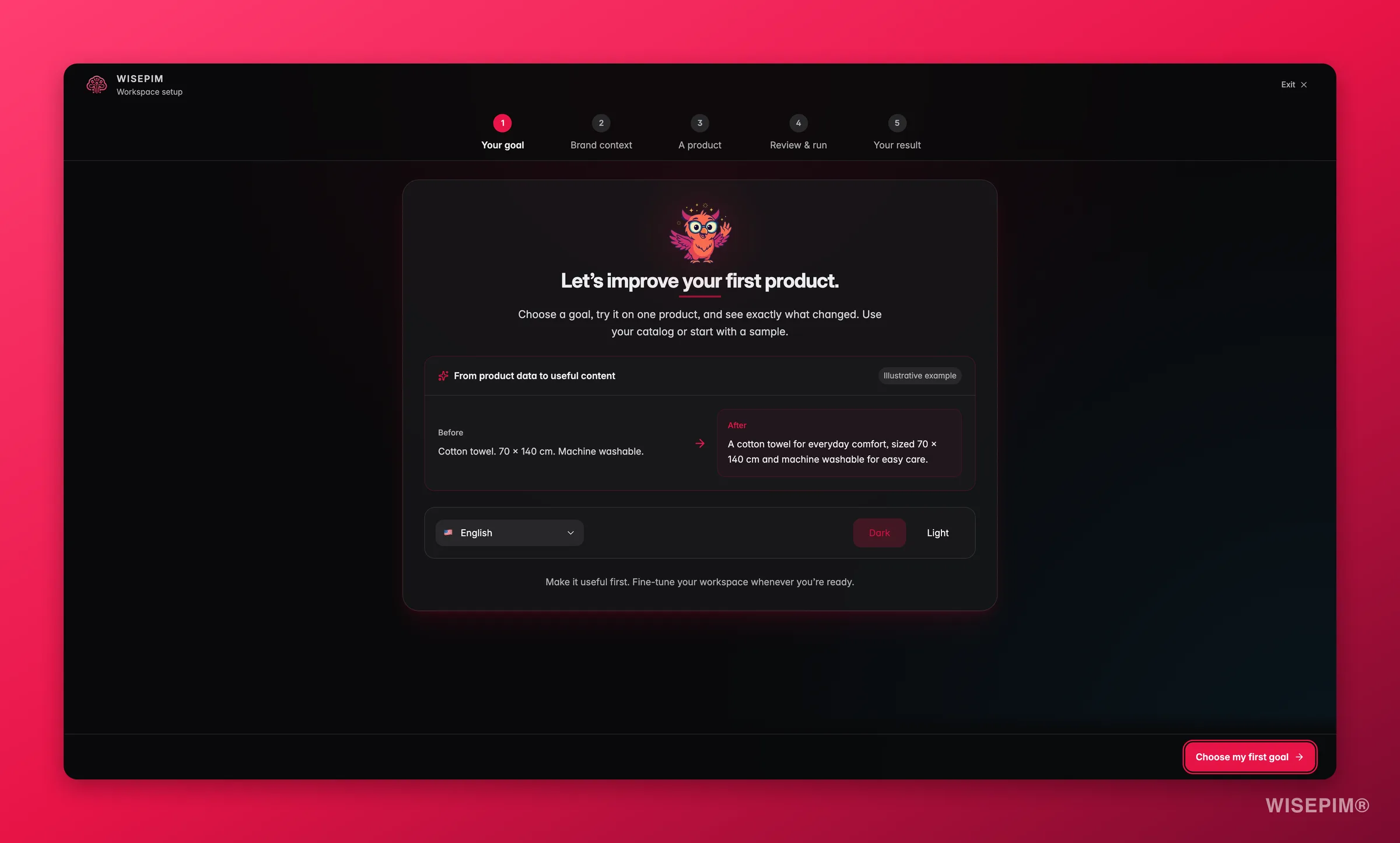 WISEPIM onboarding welcome step with language and a guided checklist