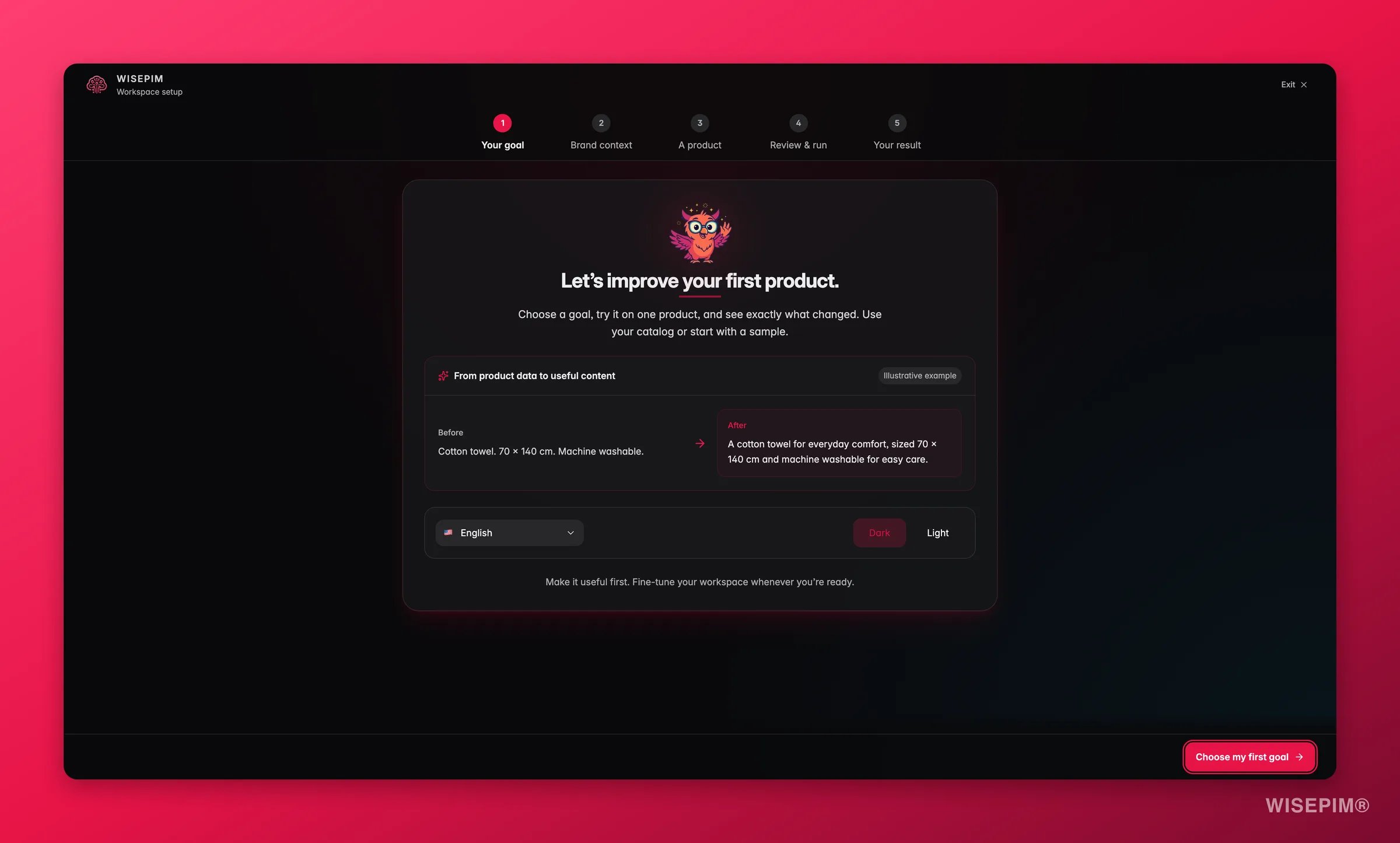 WISEPIM onboarding welcome step with language and a guided checklist