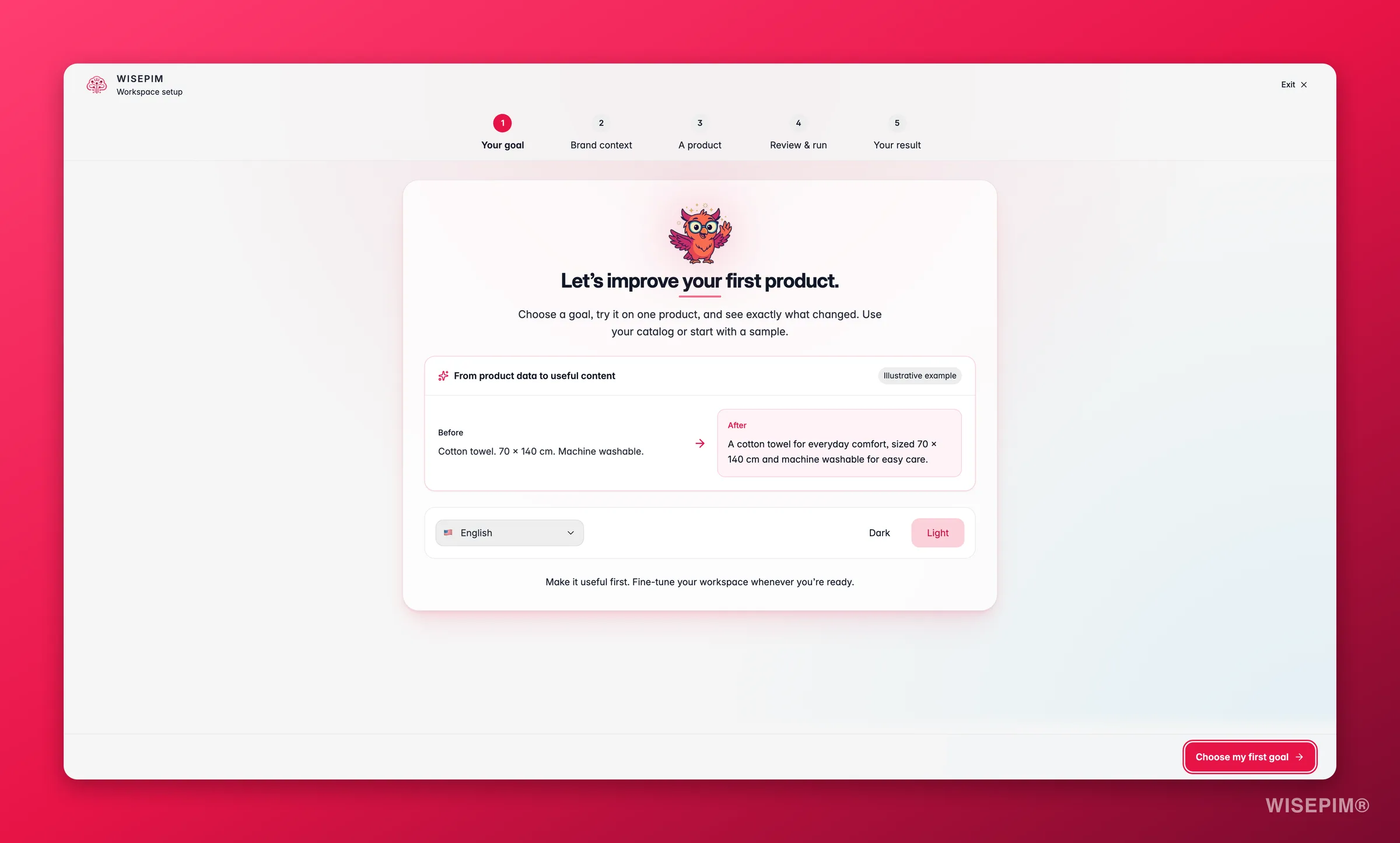 WISEPIM onboarding welcome step with language and a guided checklist
