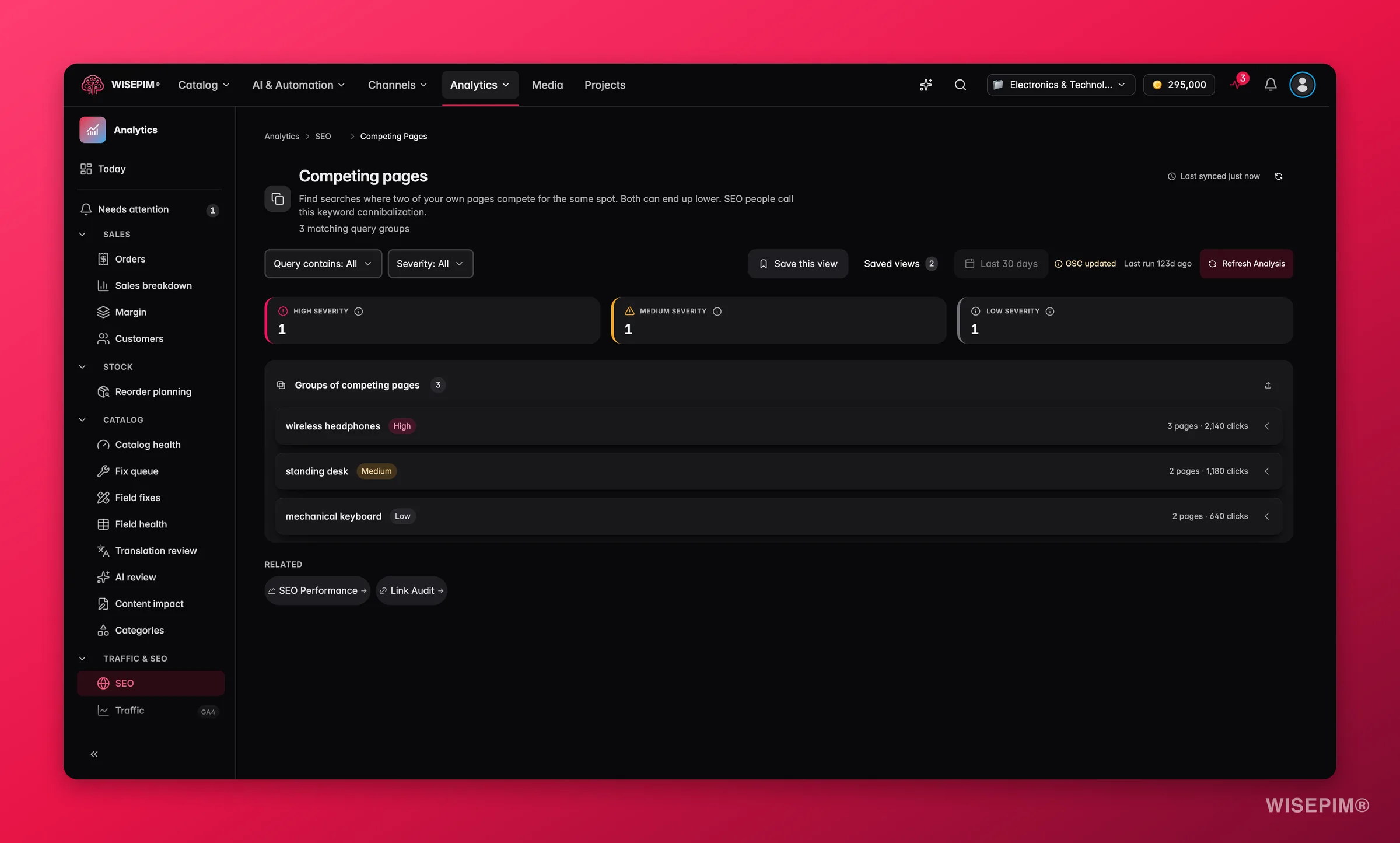 Detección de canibalización de palabras clave SEO de WISEPIM con recomendaciones de canonical