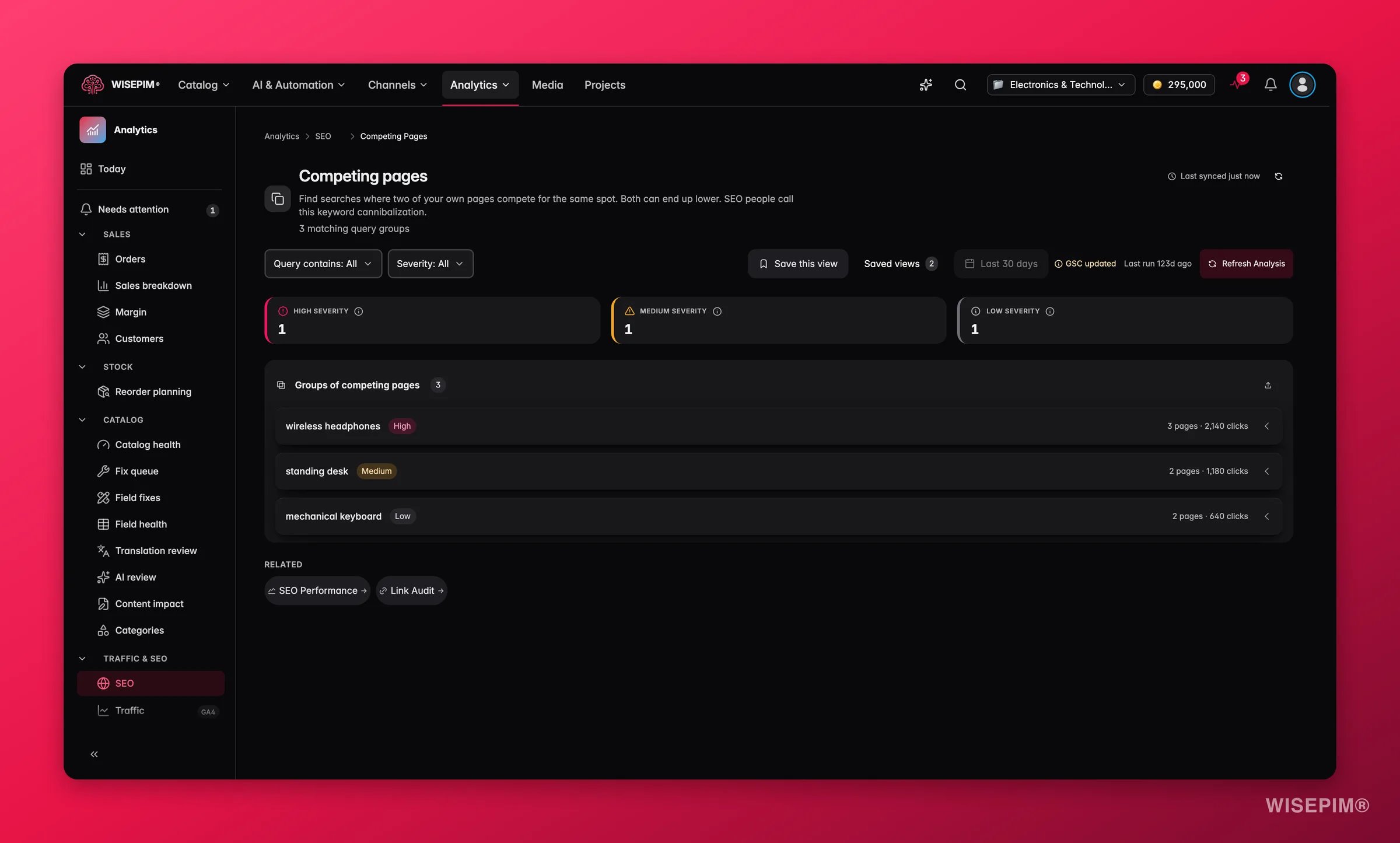 Detección de canibalización de palabras clave SEO de WISEPIM con recomendaciones de canonical