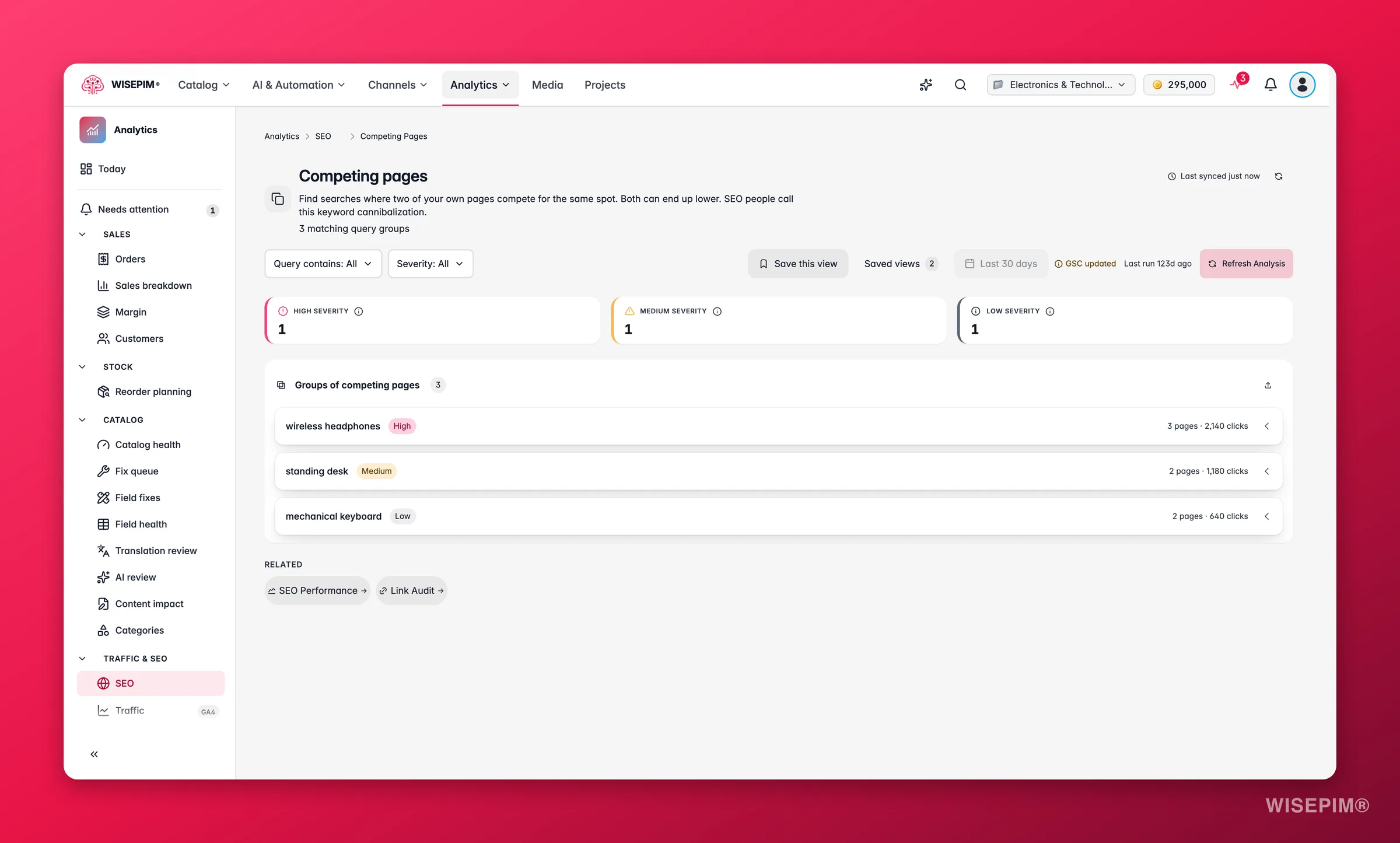 Detección de canibalización de palabras clave SEO de WISEPIM con recomendaciones de canonical