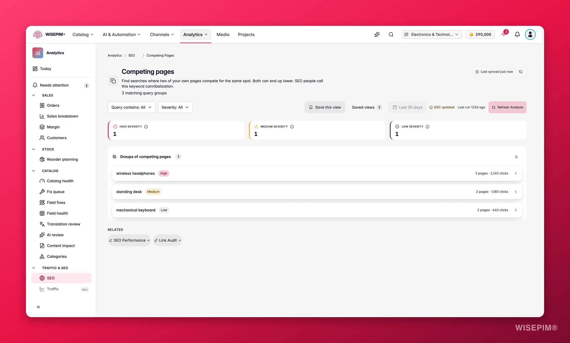 Detección de canibalización de palabras clave SEO de WISEPIM con recomendaciones de canonical