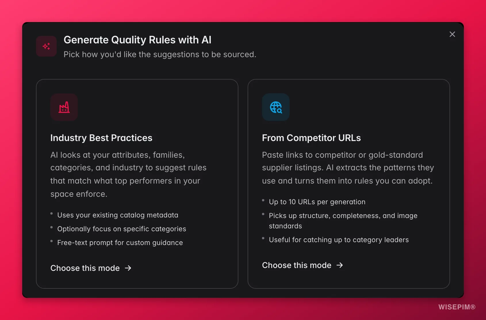 WISEPIM Quality Guard AI rule generator - derive checks from best practices or competitor URLs