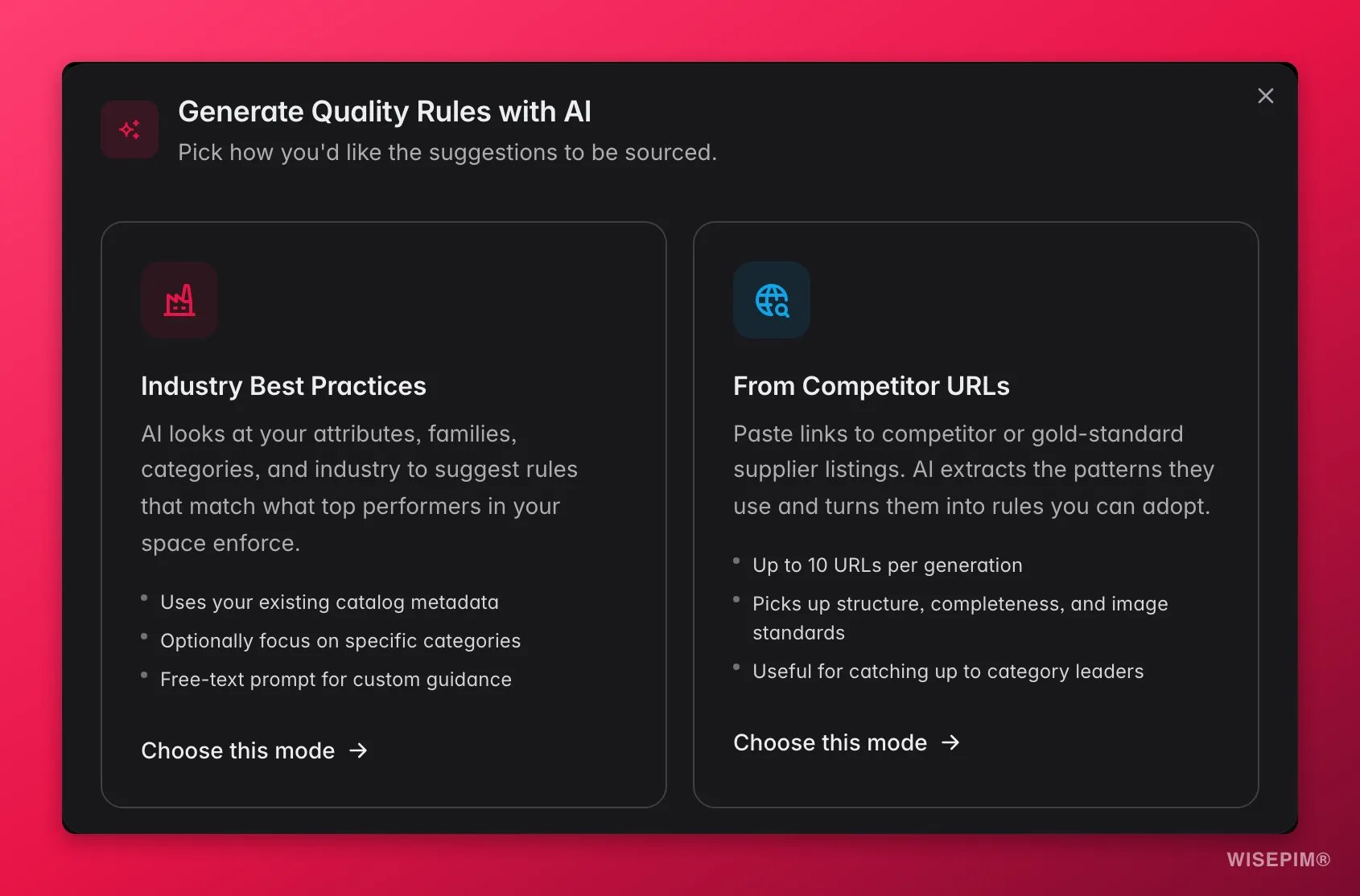 WISEPIM Quality Guard AI rule generator - derive checks from best practices or competitor URLs
