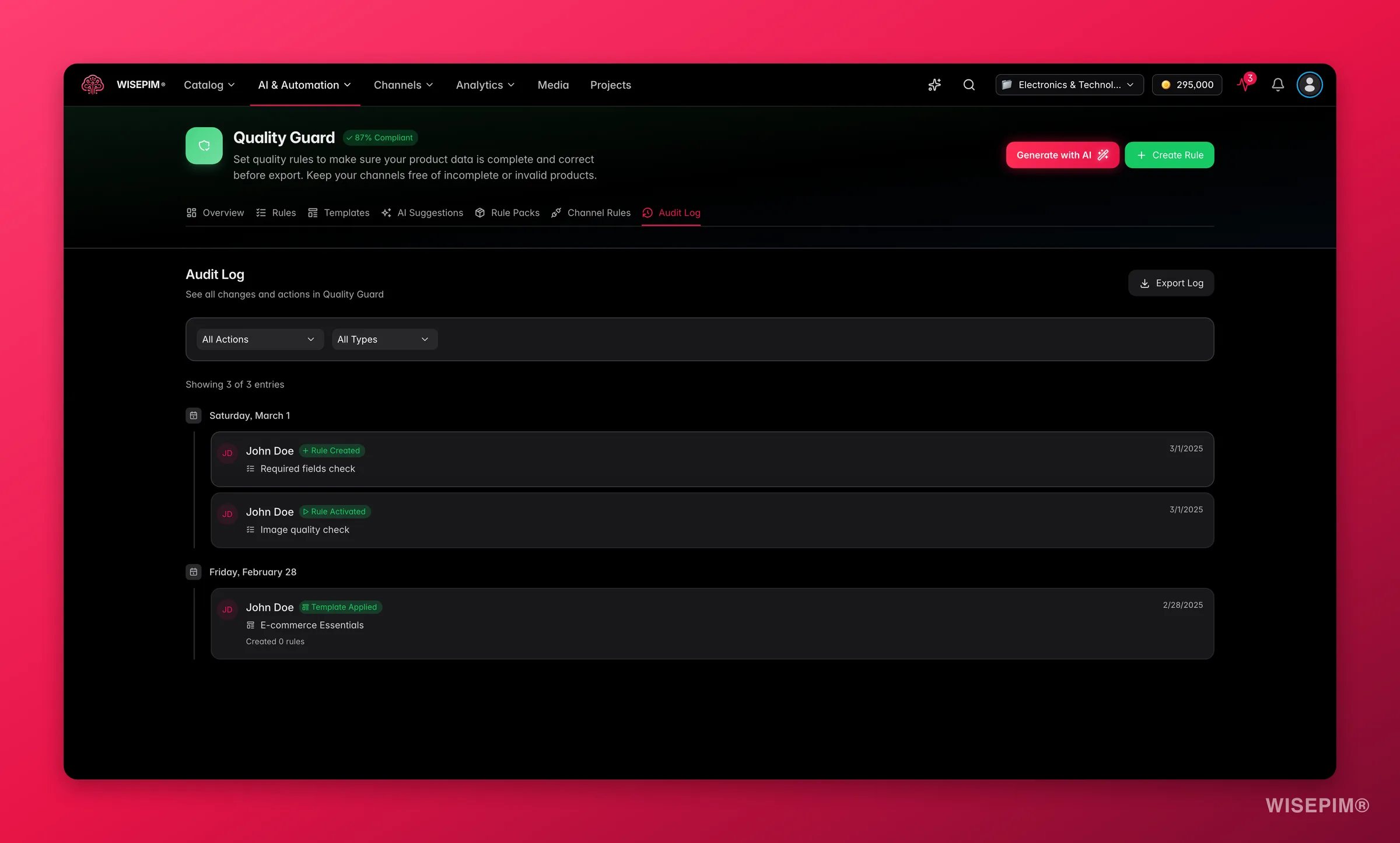 WISEPIM Quality Guard audit log, a timeline of rule, template and compliance events
