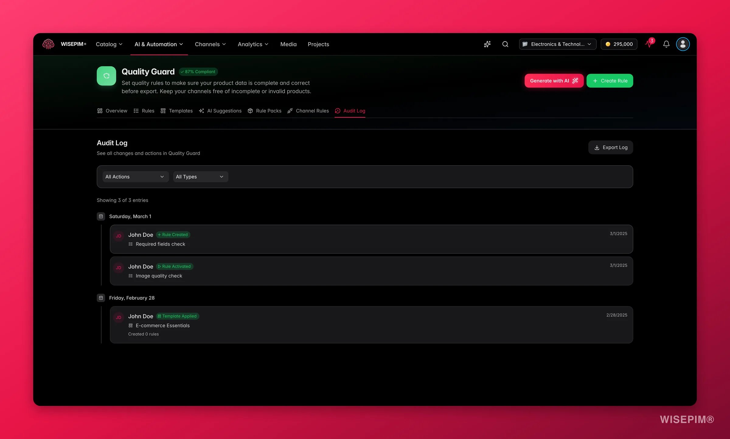 WISEPIM Quality Guard audit log, a timeline of rule, template and compliance events