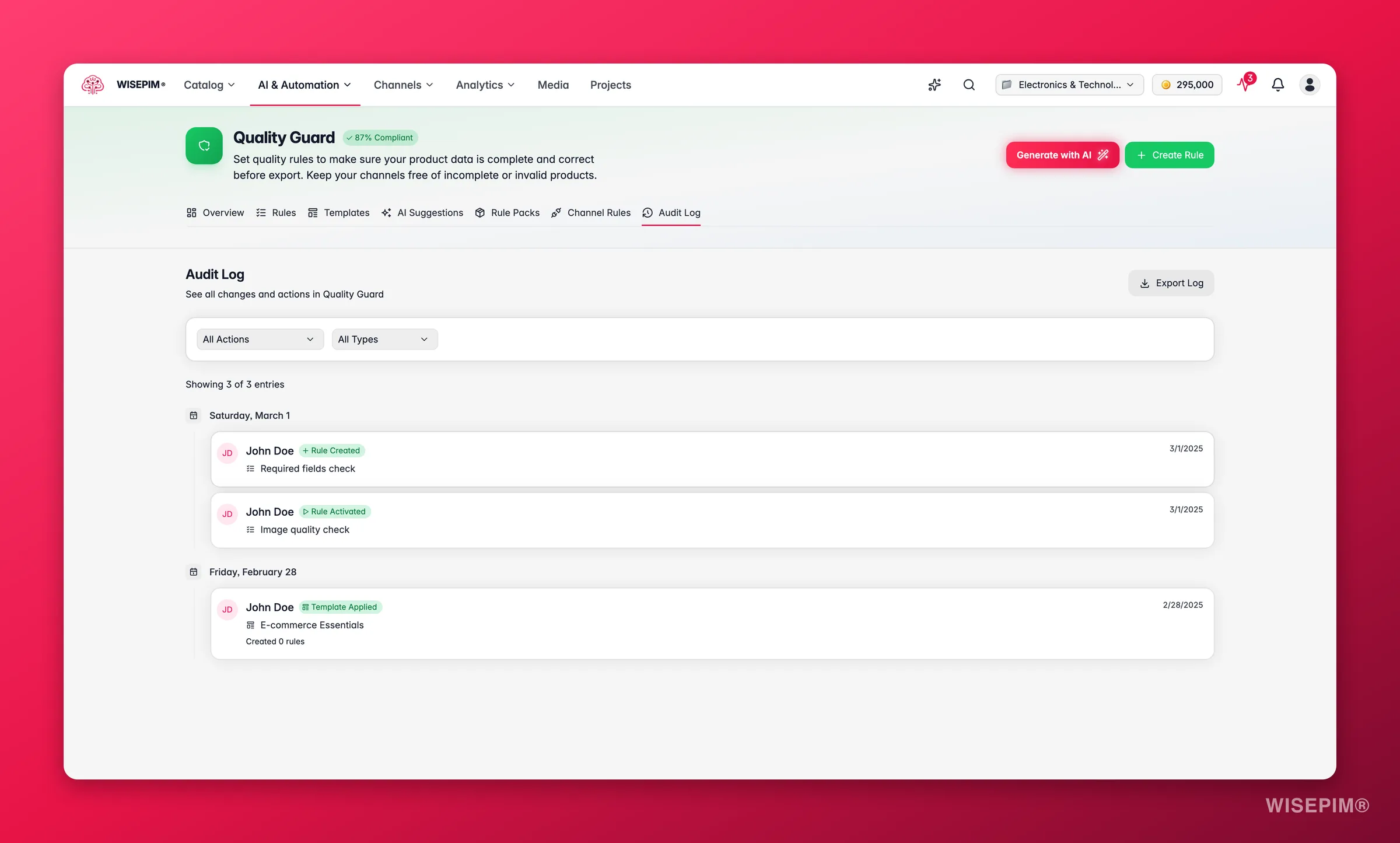 WISEPIM Quality Guard audit log, a timeline of rule, template and compliance events