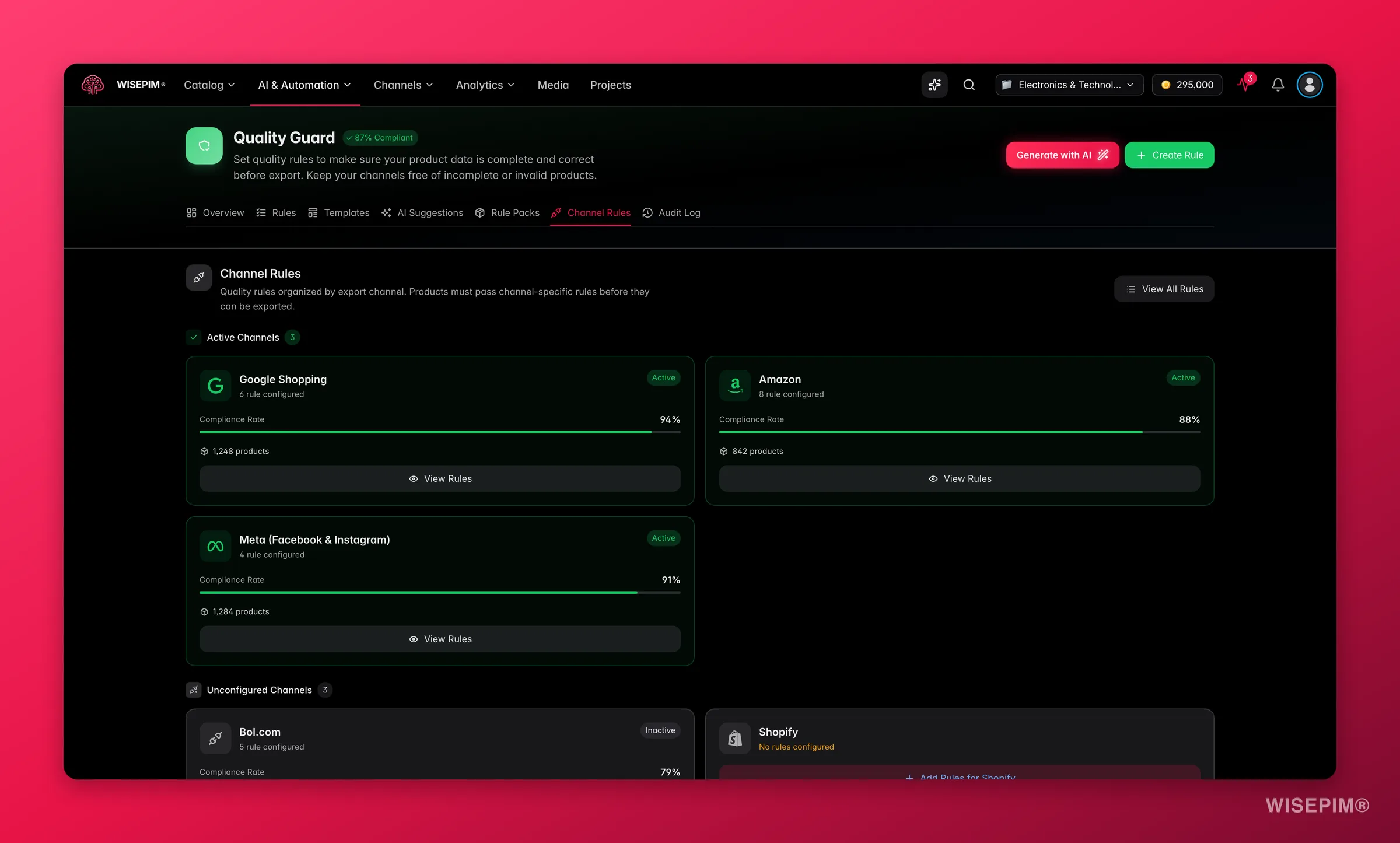 WISEPIM Quality Guard per-channel rule sets with compliance rate and coverage